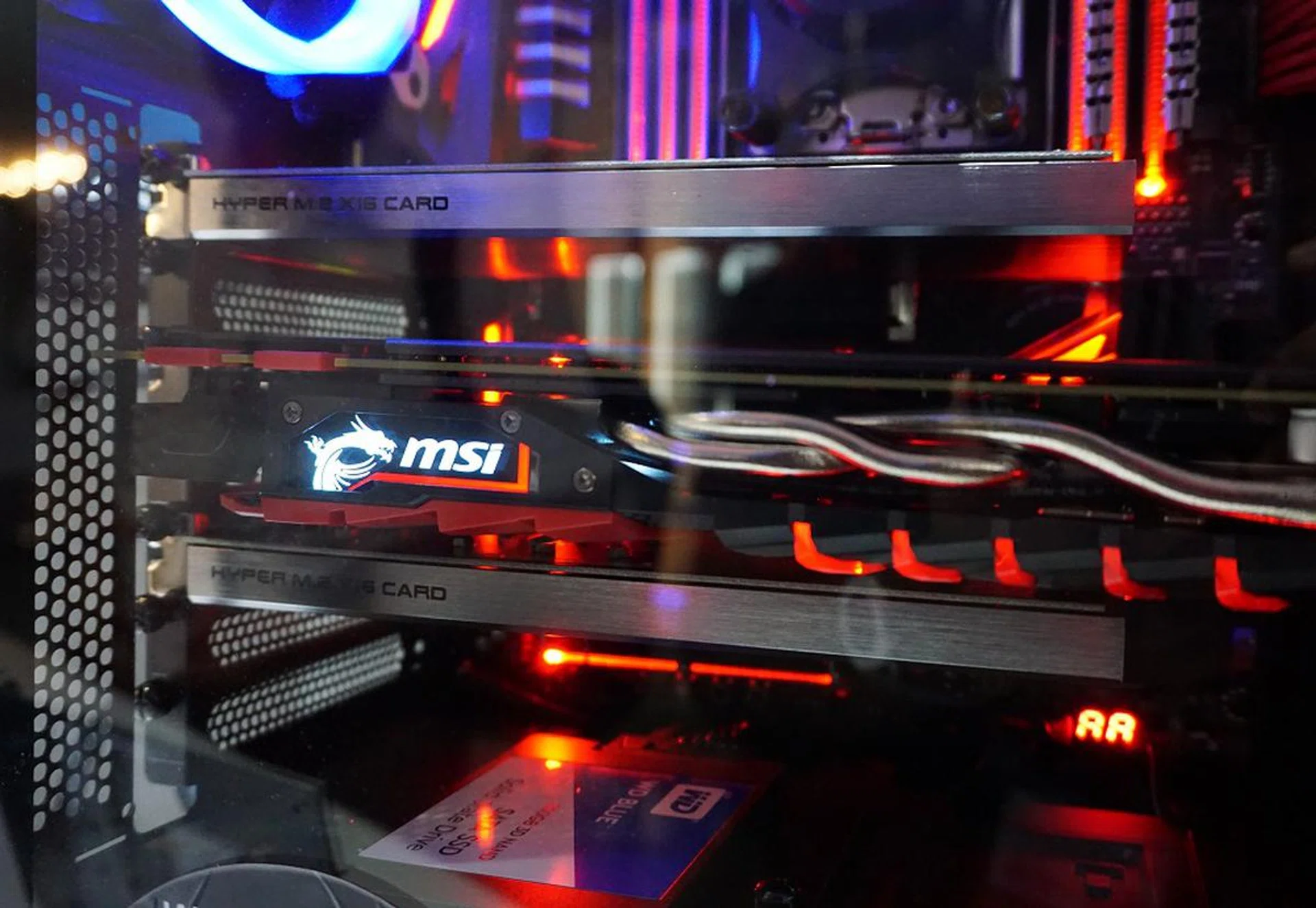 We spotted two PCIe cards that can each hold up to four M.2 NVMe SSD units.