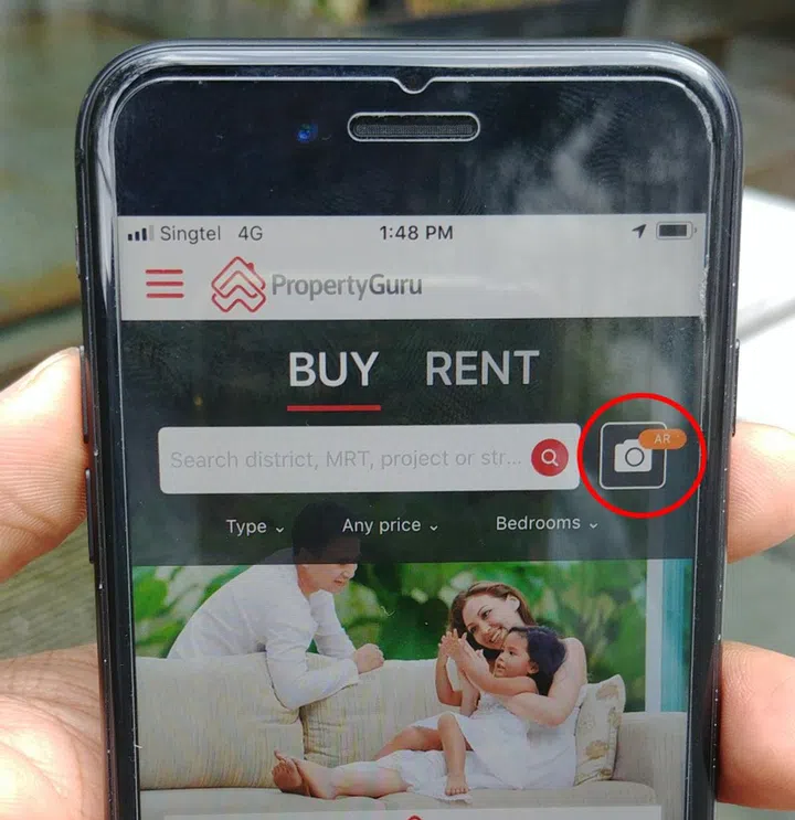 1) Upon launching the PropertyGuru app, you'll find a new AR camera button option present to the right of the search bar. Tap it.