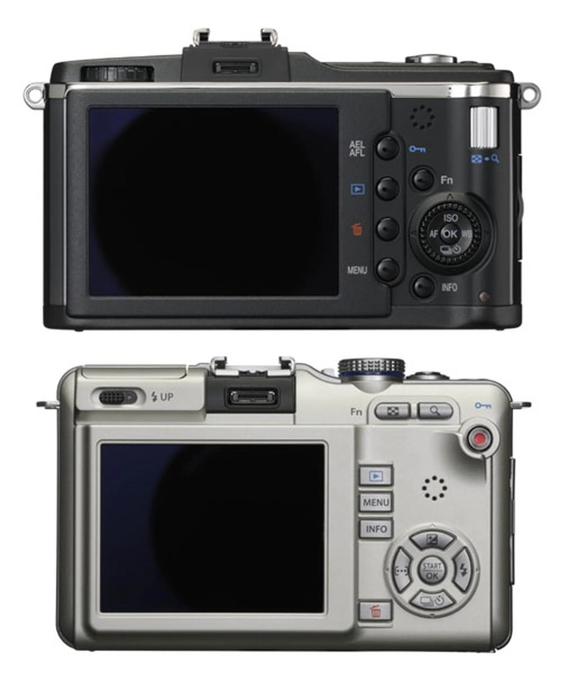 The E-P2 (above) and E-PL1 (below). Models not shown to scale.