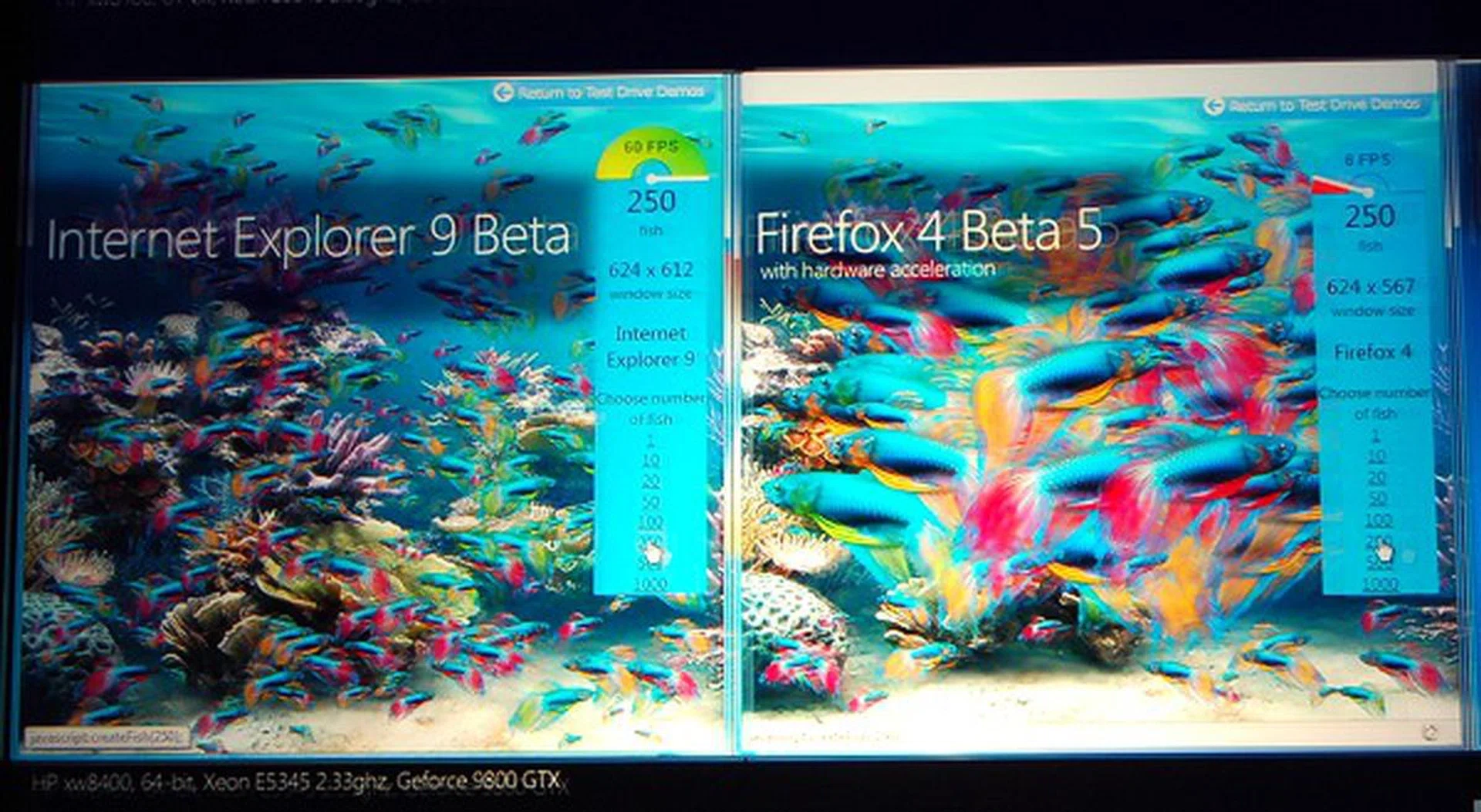 Here's a demo that Microsoft was often running showing the compiled JavaScript performance on two different browsers on the same system. In this little test, rendering hundreds of fish on IE9 versus Firefox saw a huge difference in performance.