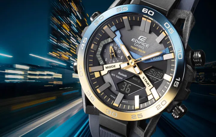 The Casio Edifice ECB-2000NP is the only model that has gold in the bezel. (Image source: Casio)