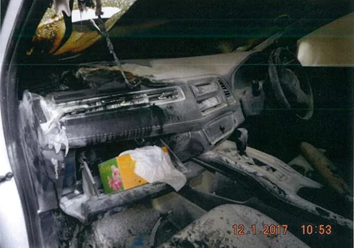 Interior of the burned defective Honda Vezel. (Image source: Wall Street Journal)