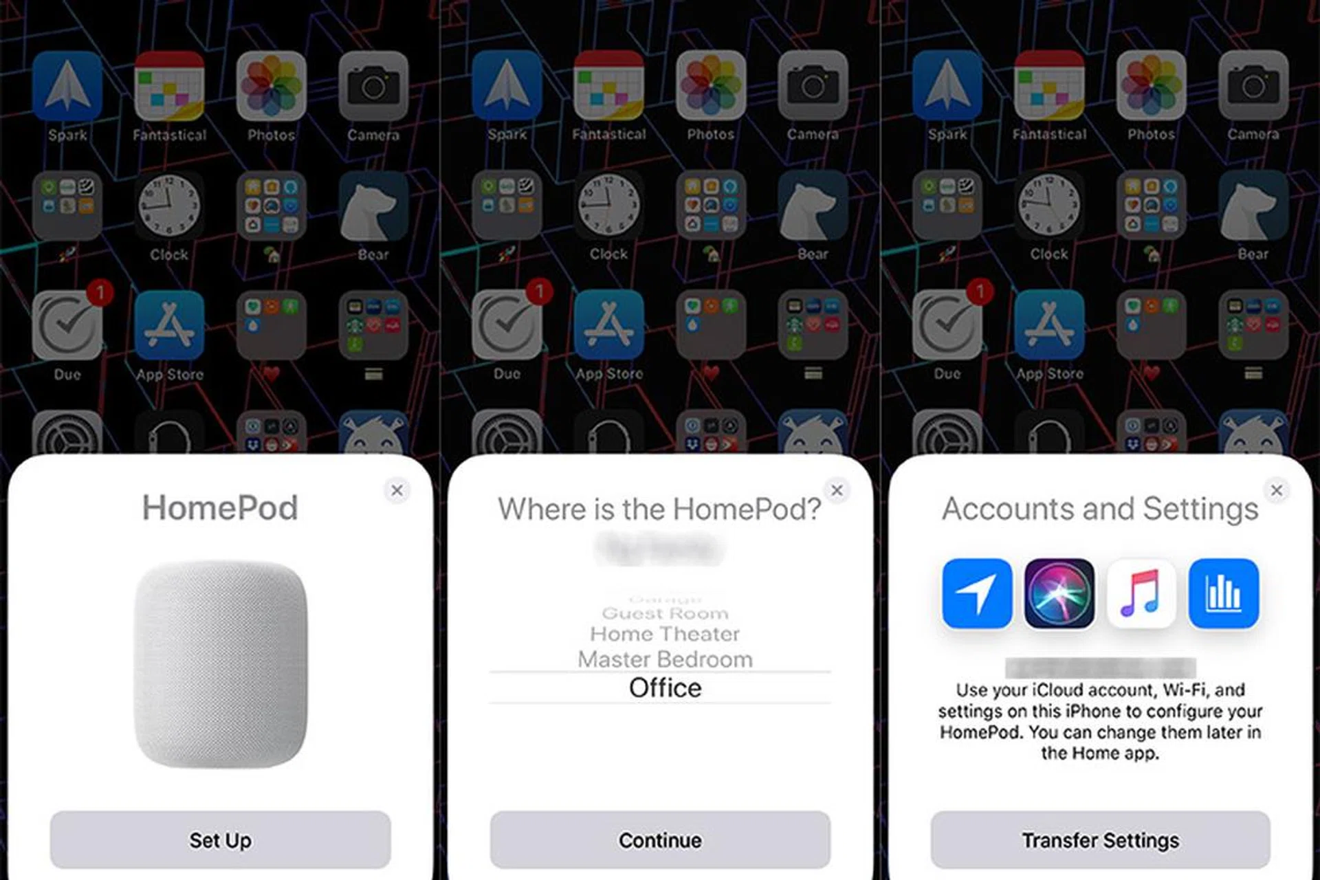 Here's three of the eight screens you need to tap through when setting up the HomePod for the first time.