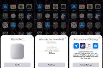Here's three of the eight screens you need to tap through when setting up the HomePod for the first time.
