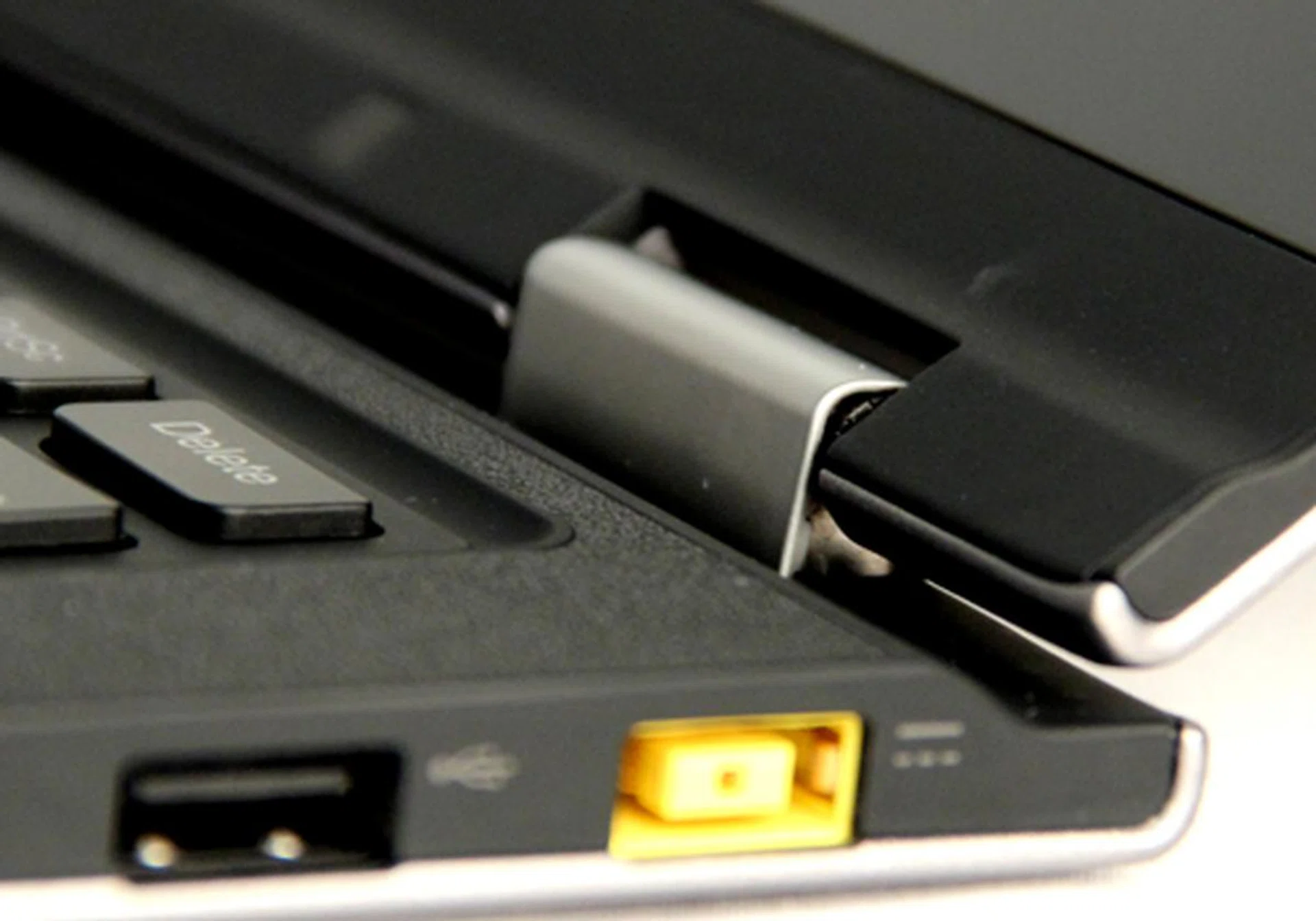 At 0 to 180 degrees, the hinge sits up straight. 180 to 360 degrees onwards, the bottom half starts to move. This allows the Yoga's screen to fold back up to 360 degrees to any angle you want it to.