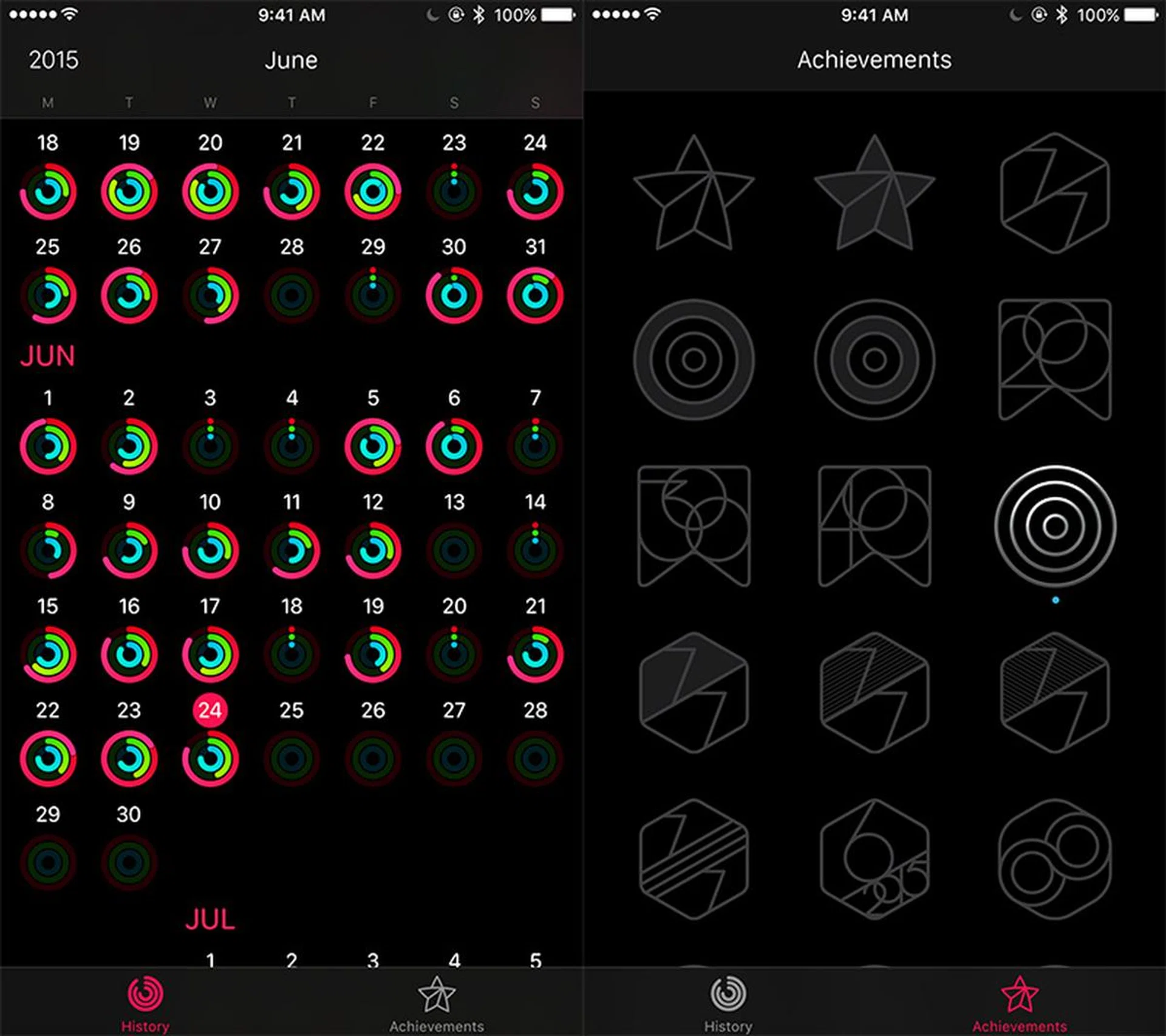 Rings, rings, rings! Check your progress and trends over longer periods of time with the Activity app on the iPhone. As you can see, I'm so not into collecting badges. 