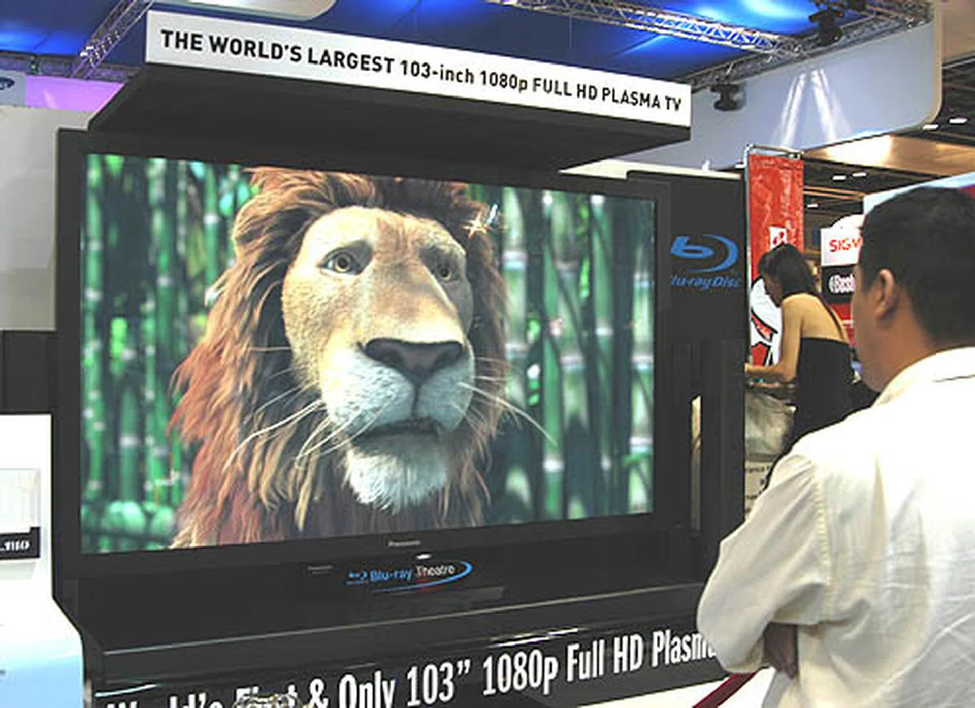  This is the largest High-Definition TV displayed at the IT Show 2007. Watching movies on Panasonic's 103-inch Plasma TV is akin to being in the cinema, only closer. However, this set is there only for display and not for sale, so you can hold of breaking your piggy banks just yet. If you're wondering, it's asking price is just a sliver under $100K.  