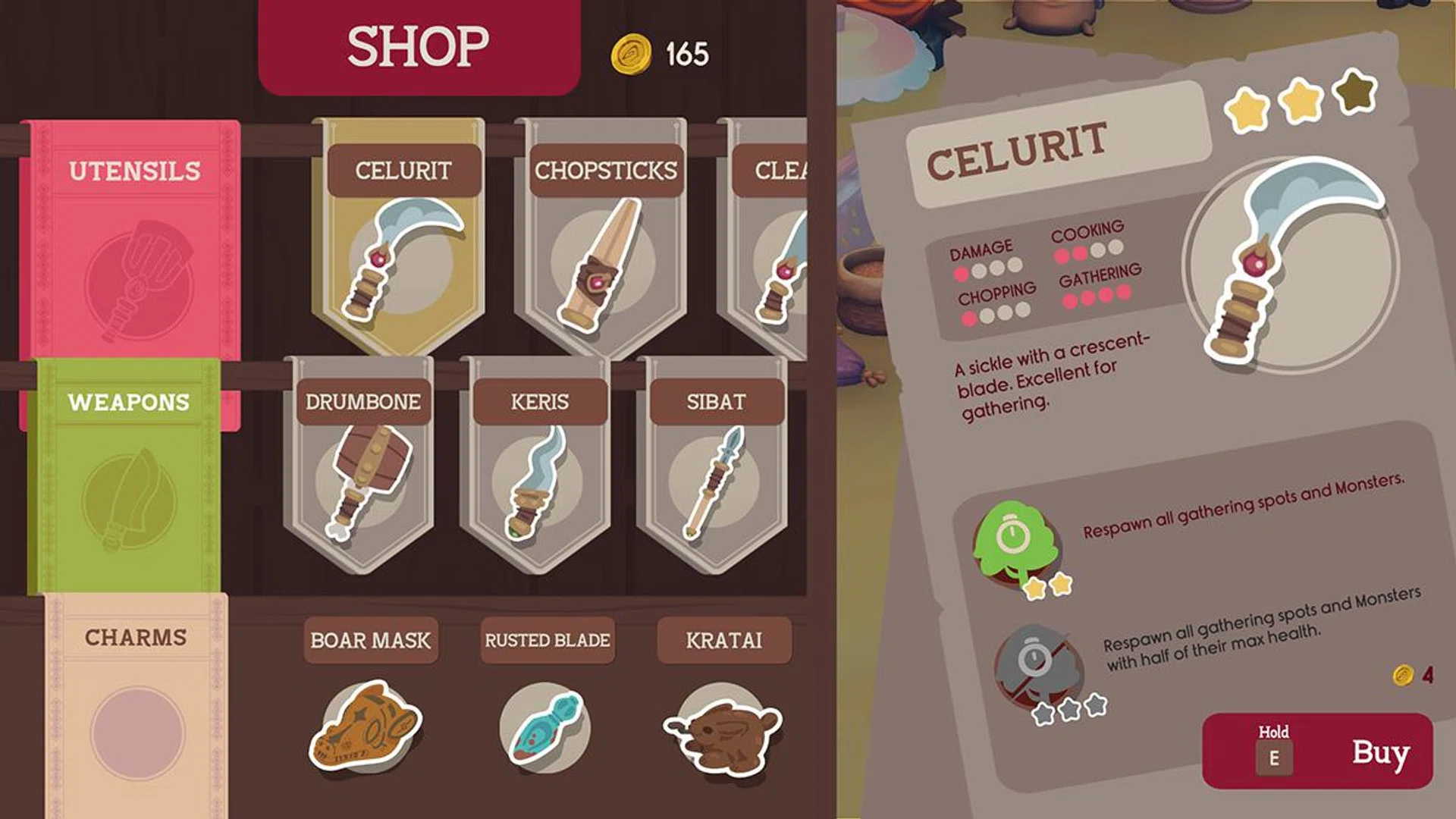 You can buy utensils, weapons and charms, each with their own special effects and perks. Image: HWZ.
