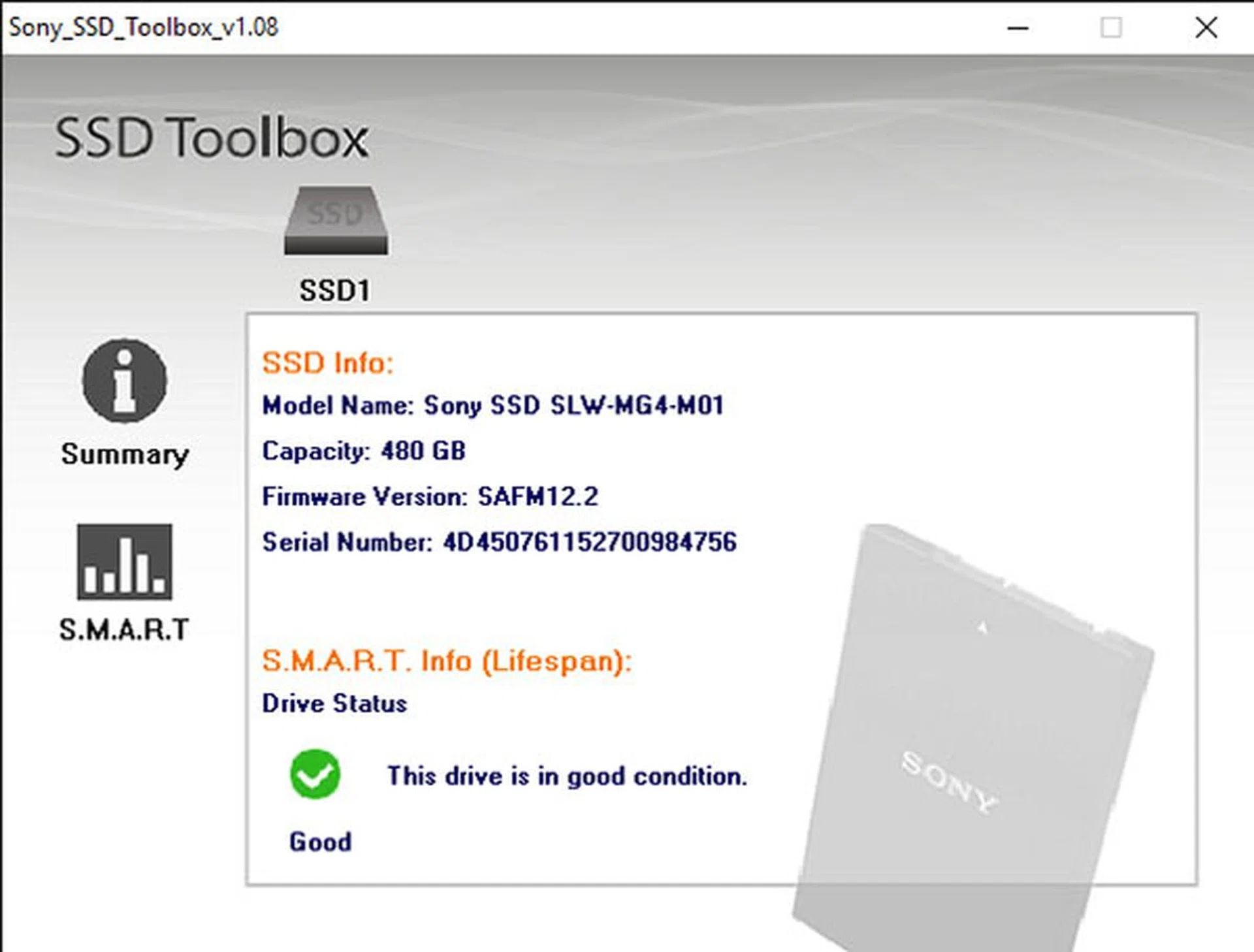 The Sony SSD Toolbox utility is pretty limited in its functionality as it only displays the status of the drive.
