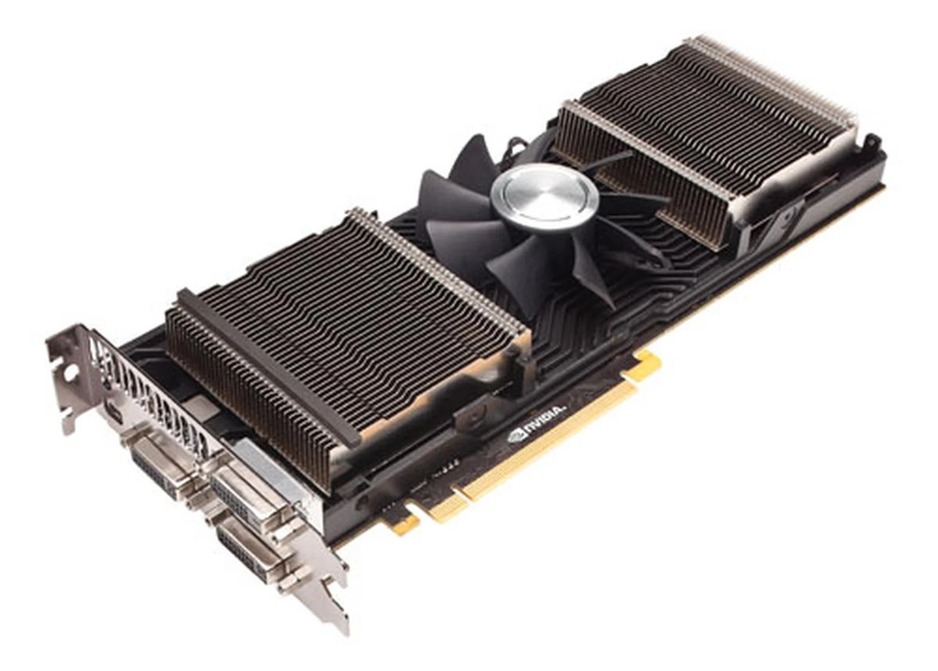 With the cover removed, we can see the GeForce GTX 690's impressive array of cooling fins. And on the base plate, you'll notice airflow guides embedded as part of its design to help channel the fast moving air more effectively.