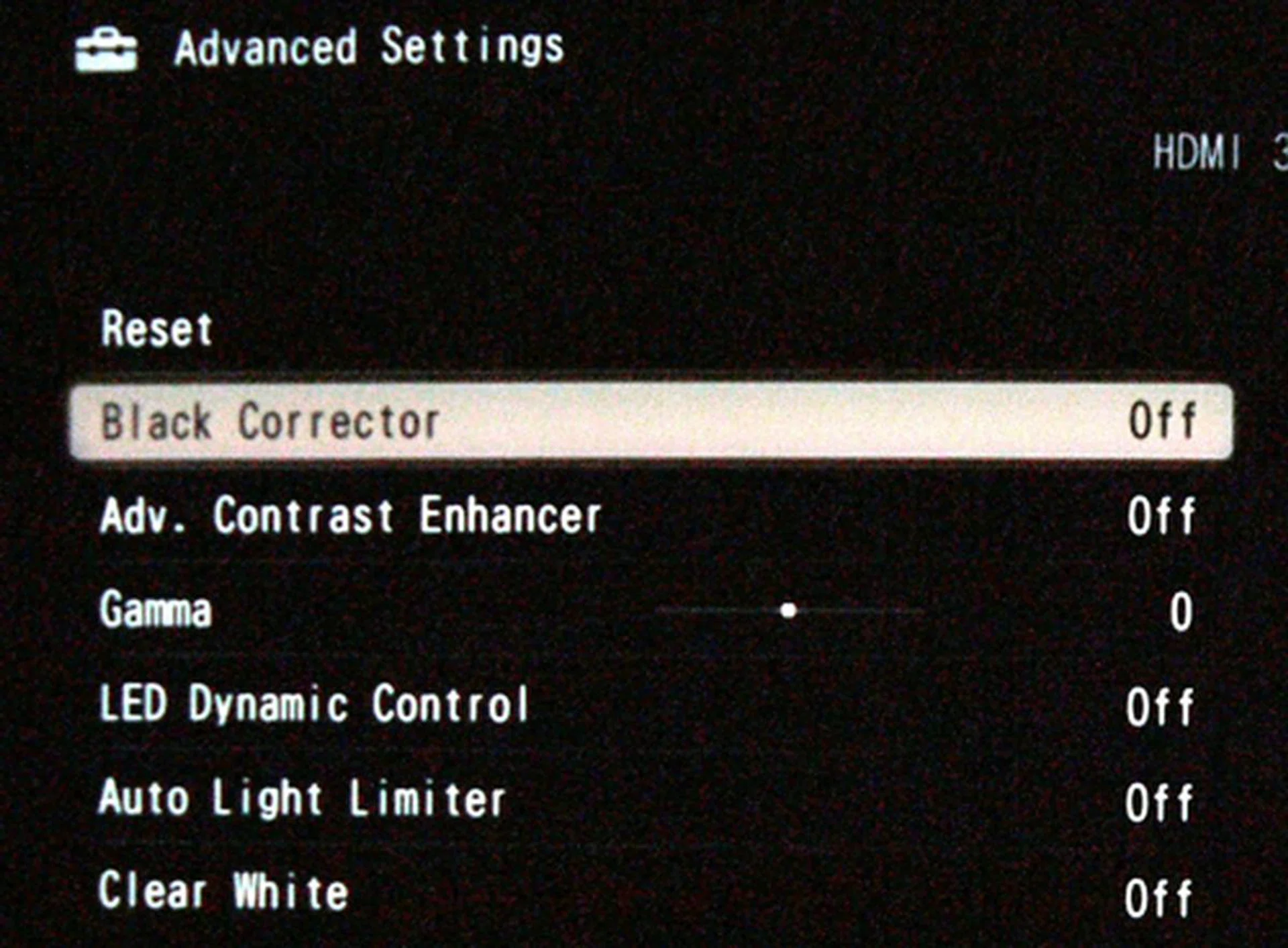 Advanced controls include Black Corrector, Advanced Contrast Enhancer, LED Dynamic Control, Live Color and White Balance.