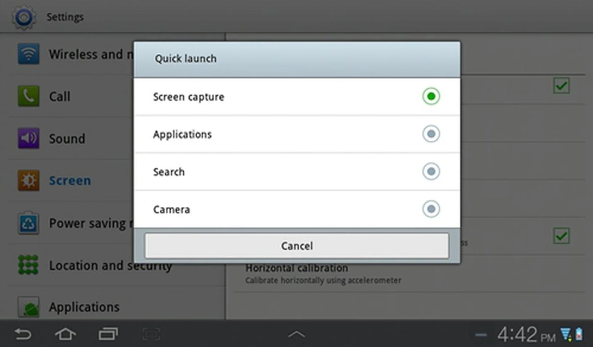 Fortunately, the screenshot function is still available on the Samsung Galaxy Tab 7.0 Plus. You can customize the Quick Launch button (located beside the usual three buttons Back, Home and Multitask) to act as a shortcut for Applications, Search and Camera function. 