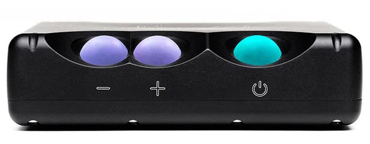 The power switch changes colors to indicate the file frequency.