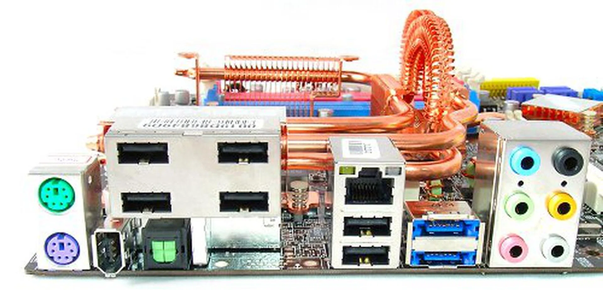 Odd looking rear I/O panel configuration with a huge USB 2.0 hub block. Other connections (from left to right) include PS/2 keyboard and mouse ports, FireWire, optical S/PDIF, RJ-45, more USB 2.0 ports, two eSATA ports and analog surround audio.