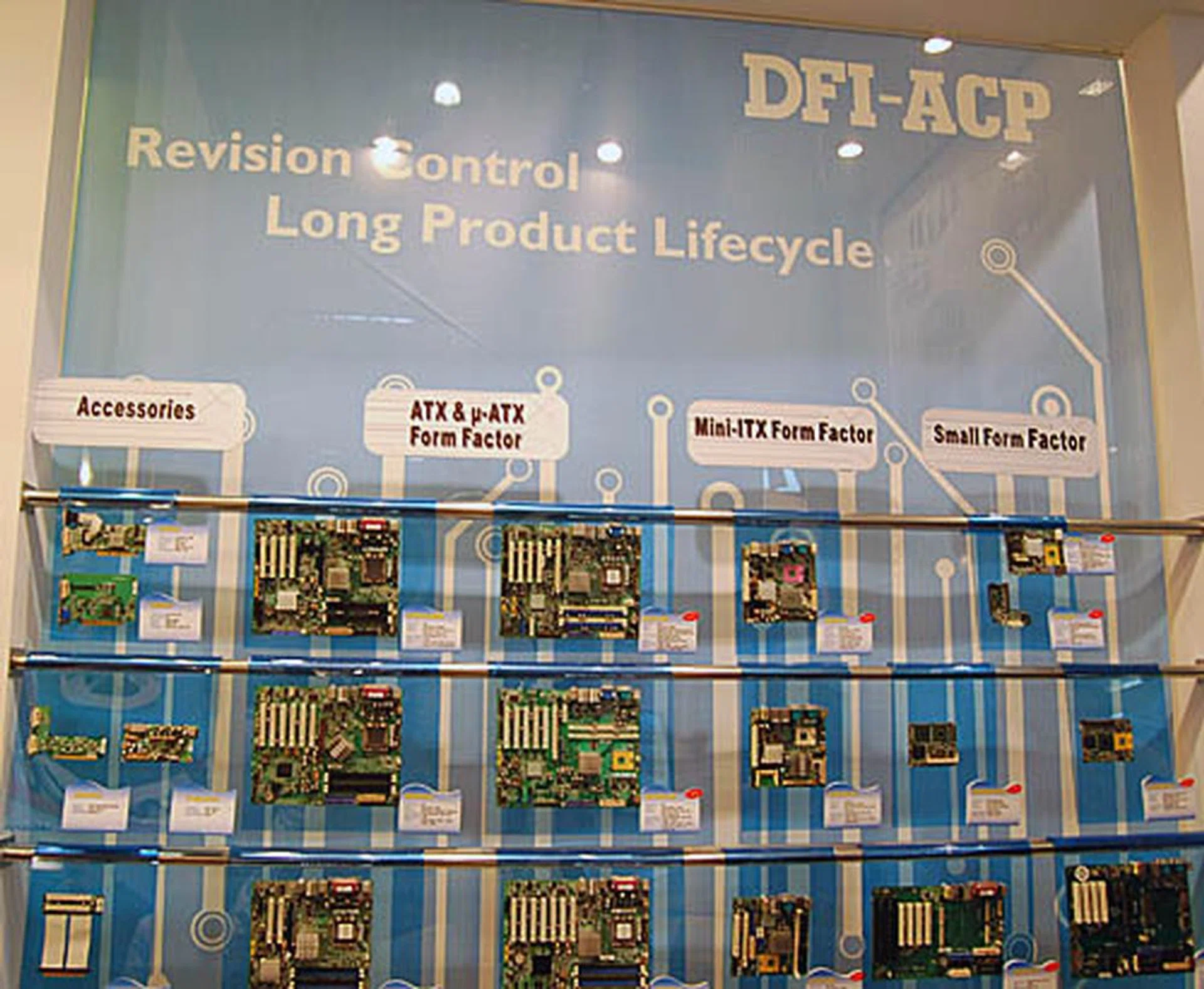  A display of the lesser known products offered by DFI, from accessories to motherboards for more exotic form factors.  