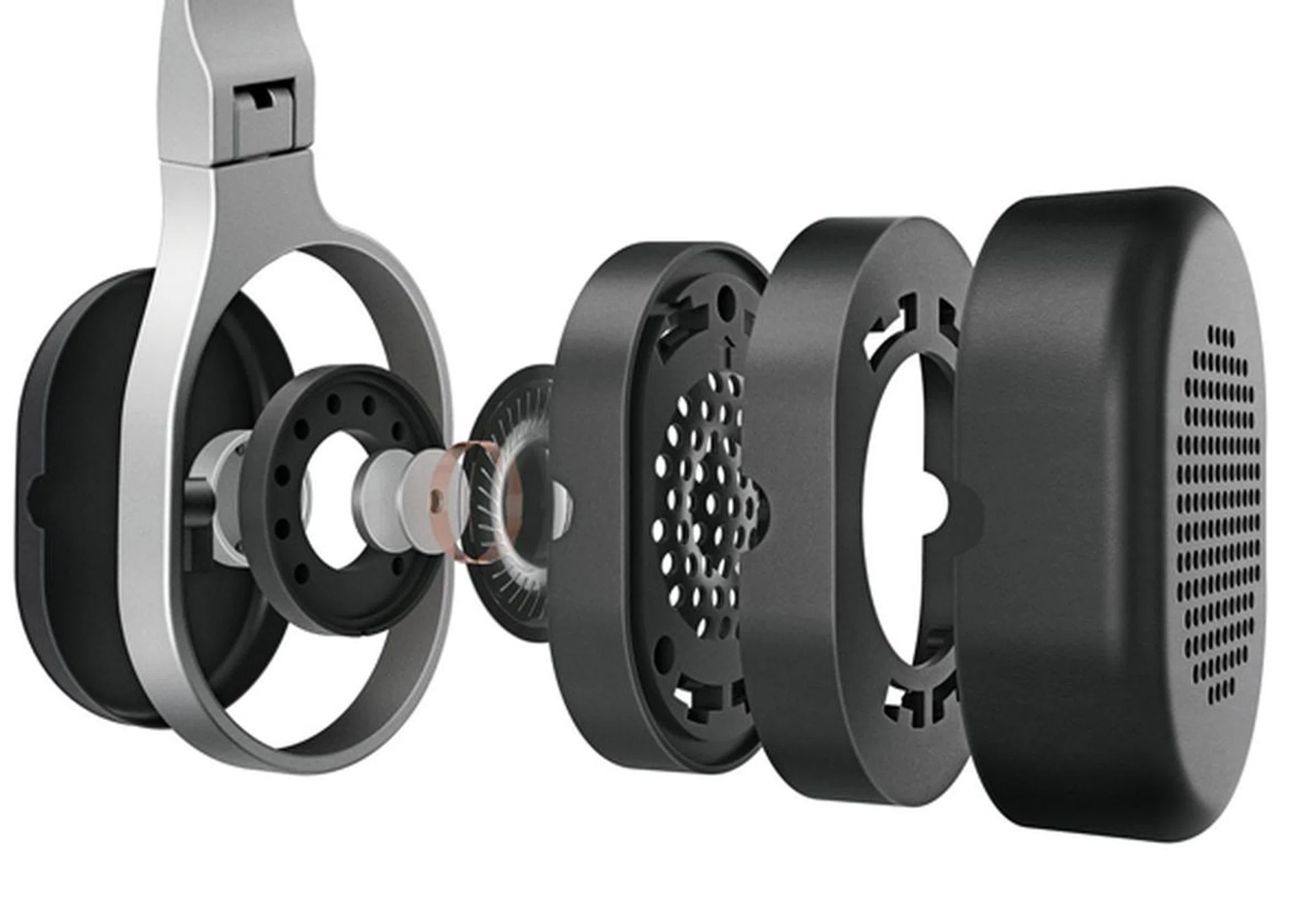 An exploded view of the ear-cups show the components that KEF has used in the manufacture of the M500.