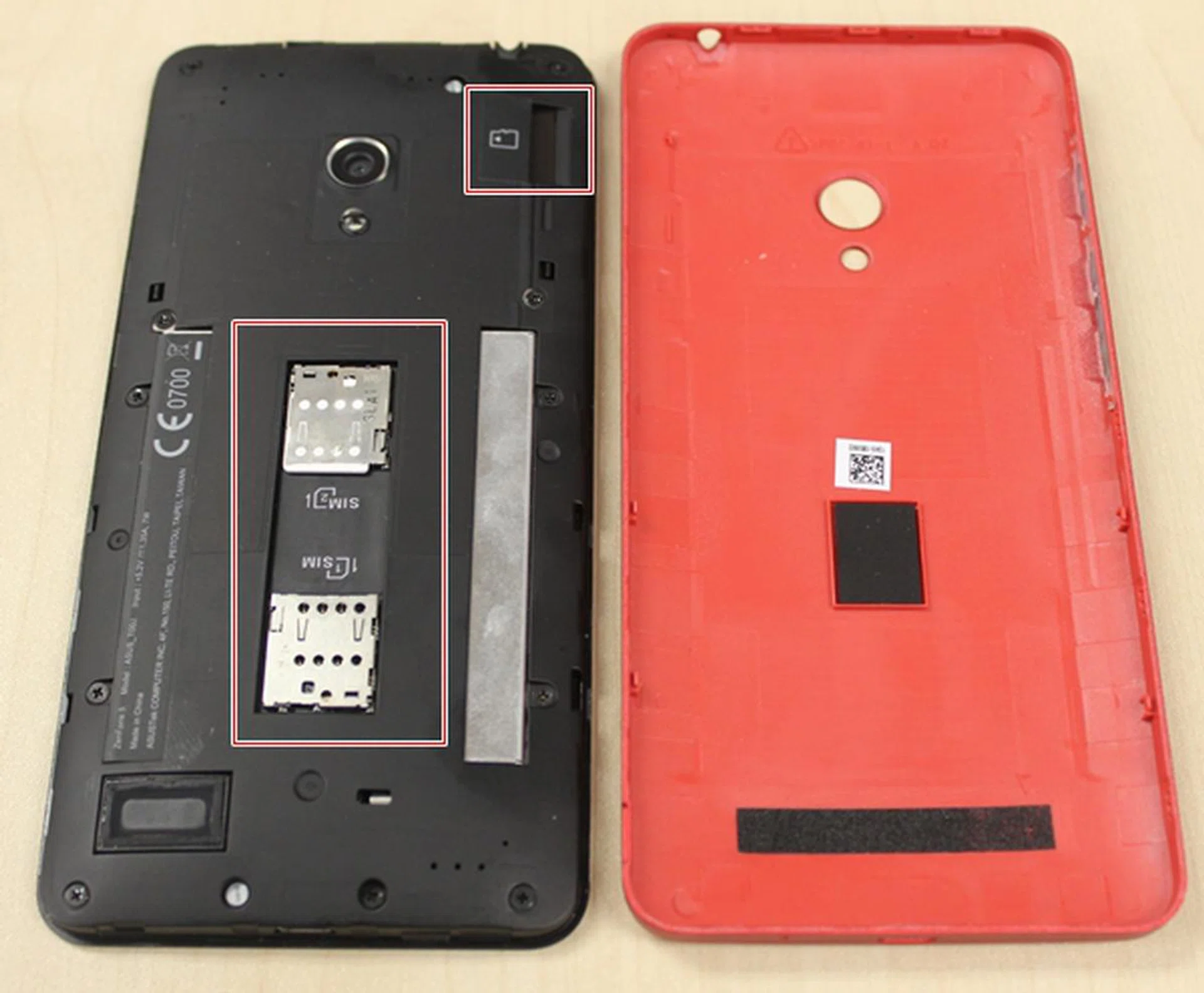 The ASUS ZenFone 5 is a dual-SIM smartphone that supports micro-SIM cards (center). There's also a microSD memory card slot (top right).