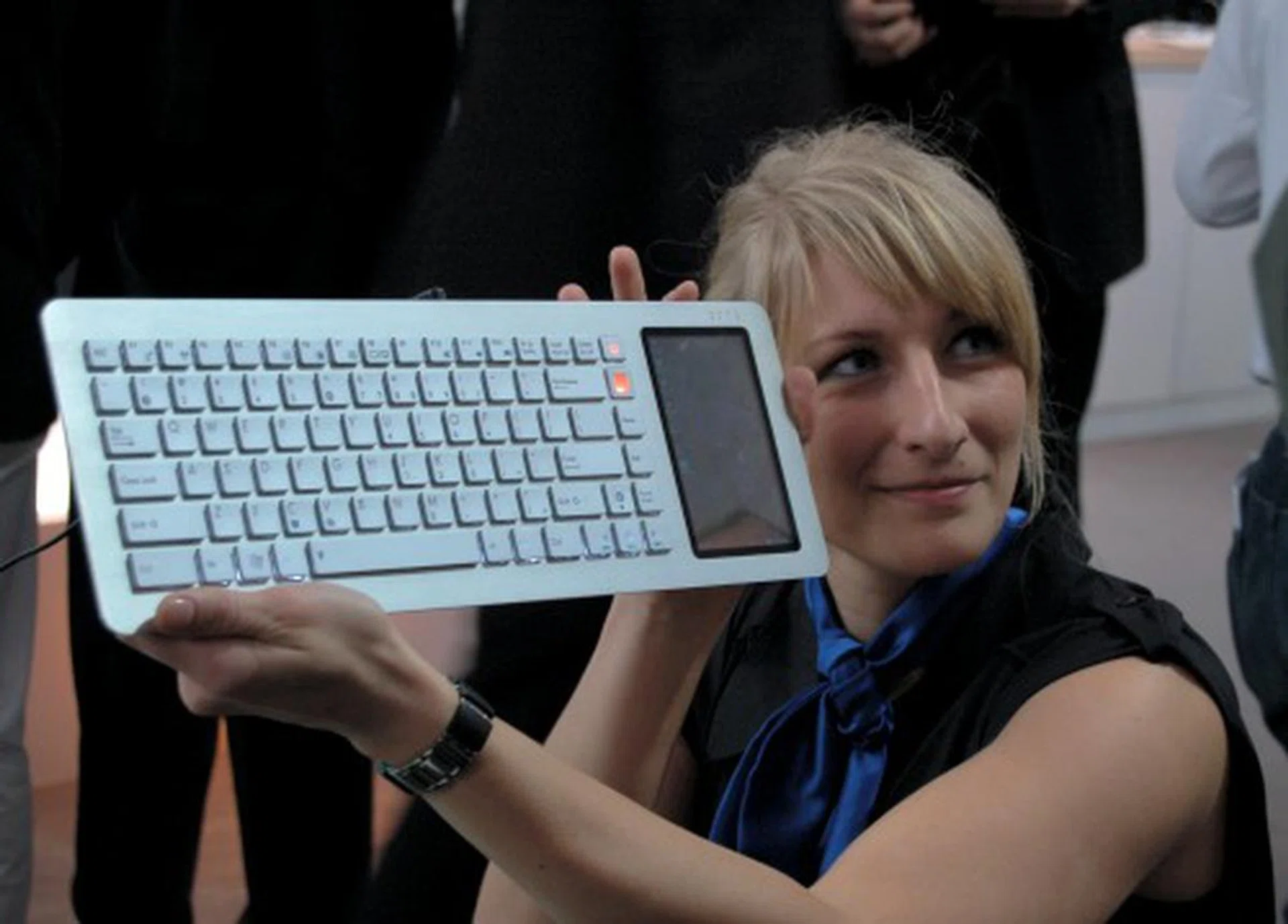  And here's the highly talked about Eee Keyboard PC. Yes, it is a fully functional PC (using the Atom platform again) in the form of a keyboard and a 5-inch touch screen.  