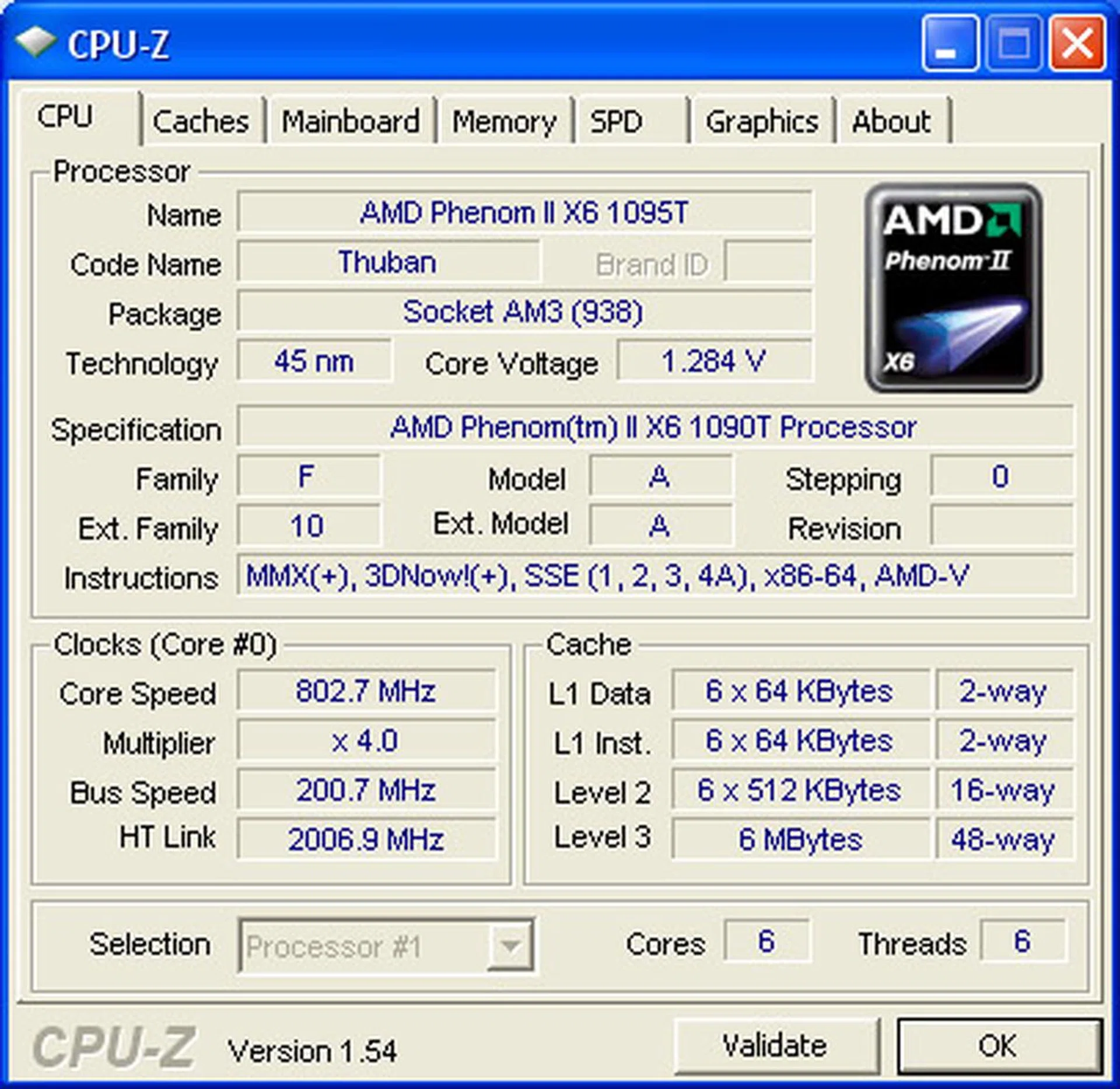 The AMD Phenom II X6 1090T idling at 800MHz, according to CPU-Z. The model information shown here (1095T) is slightly erroneous.  