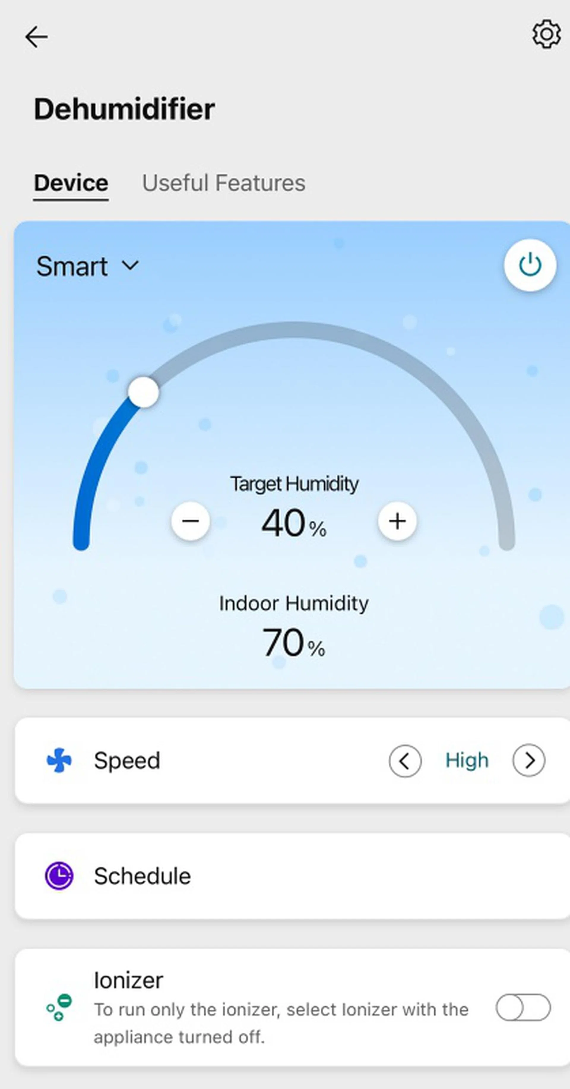 The home screen of the LG ThinQ app for the LG Dehumidifier.