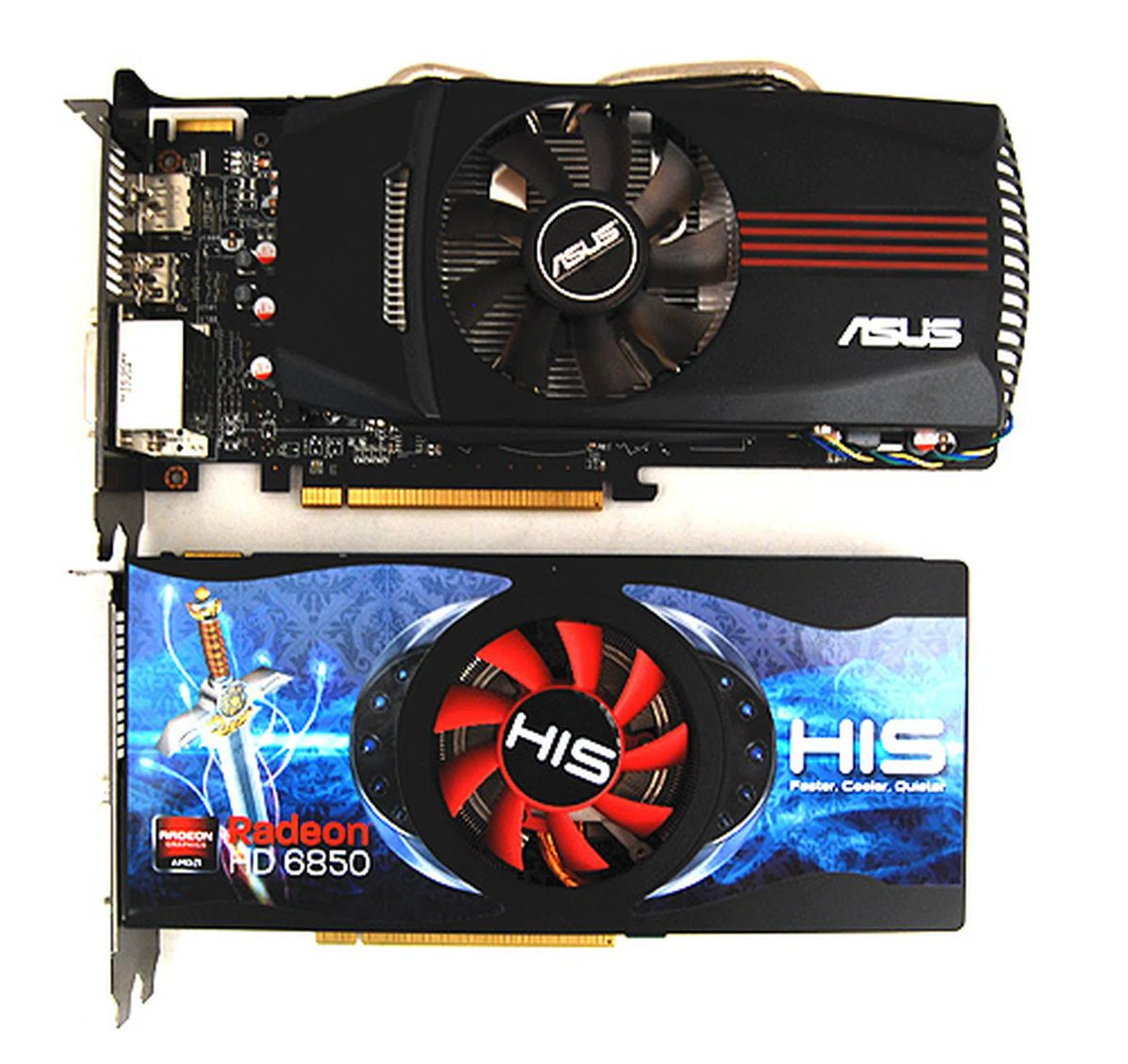 The ASUS EAH6850 DirectCU is slightly factory overclocked and comes with ASUS' recognizable DirectCU cooler.