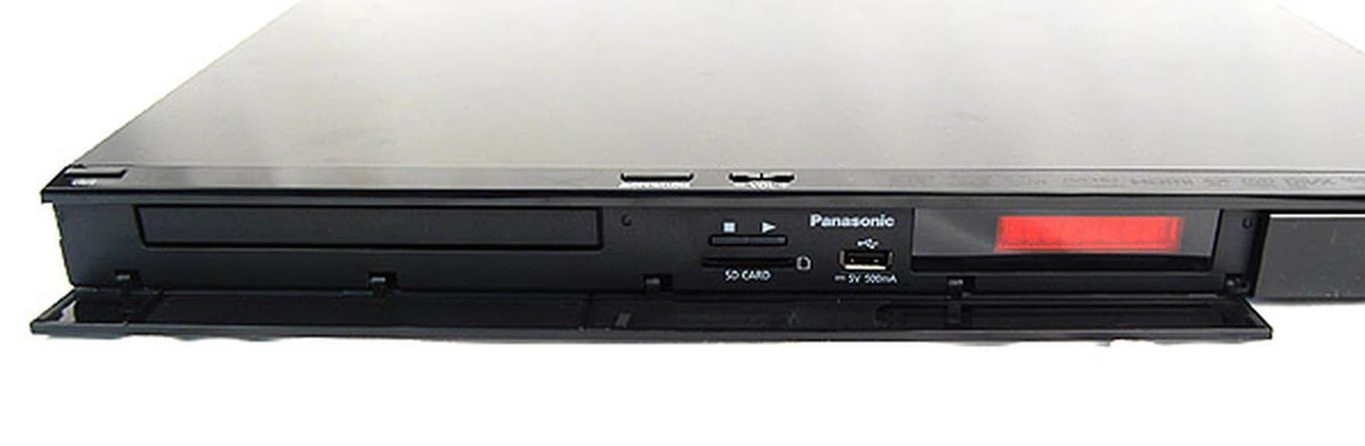 The front panel flips down to reveal the Blu-ray drive along with the SD/SDXC memory card reader and a USB drive.