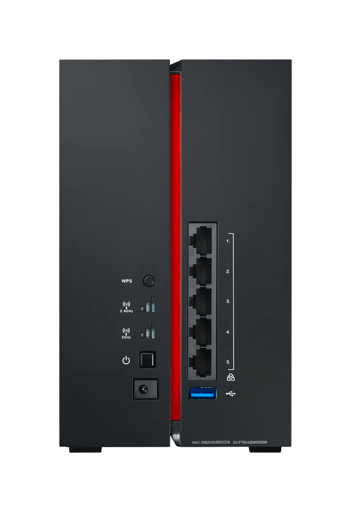 On the back, you'll find five Gigabit Ethernet ports, a USB 3.0 port, LED indicators for signal strength in each frequency band, and a Wi-Fi Protection Setup button.