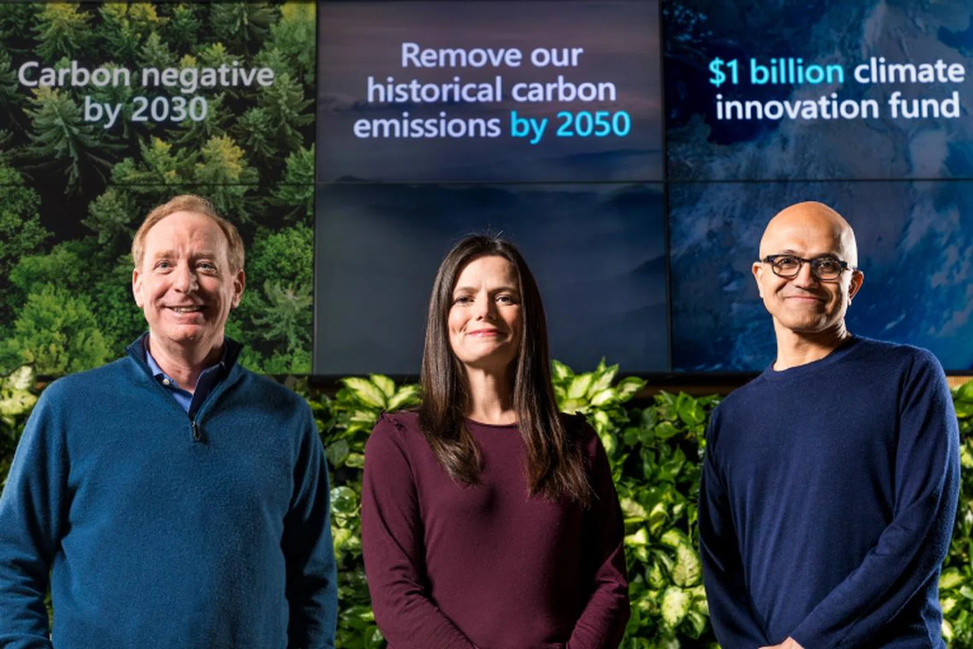Microsoft President Brad Smith, Chief Financial Officer Amy Hood, and CEO Satya Nadella. (Image source: Microsoft)