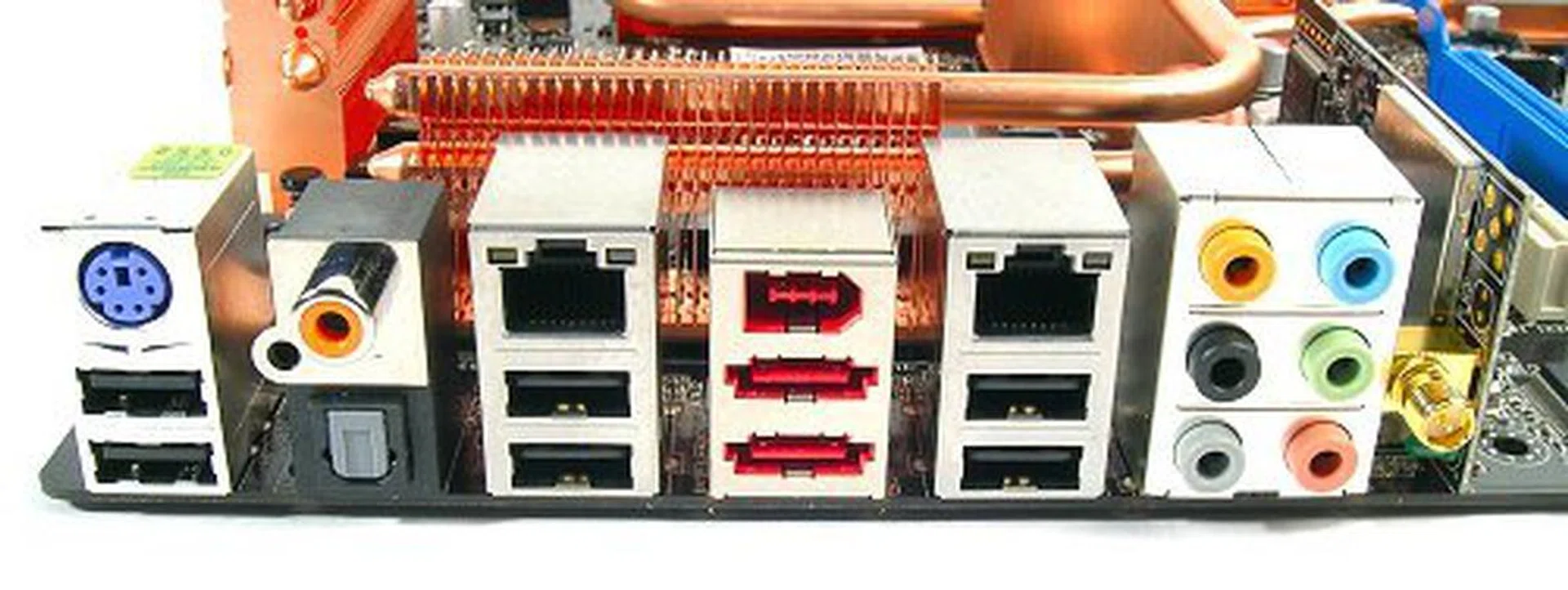 Extensive rear I/O panel devoid of PS/2 mouse, serial or parallel ports. Instead you have six USB 2.0, two LAN, optical and coaxial S/PDIF, two eSATA, FireWire, analog surround and Wireless LAN.