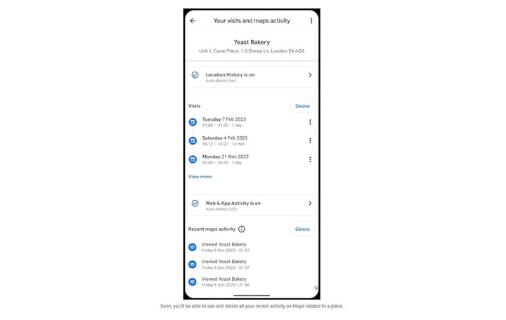 Example of Recent Activity on Google Maps.