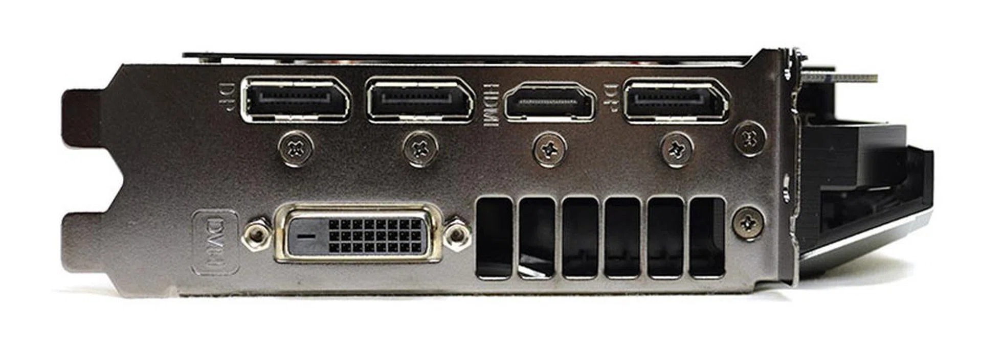 The rear of the card features one DVI-D port, one HDMI connector, and three DisplayPort outputs.