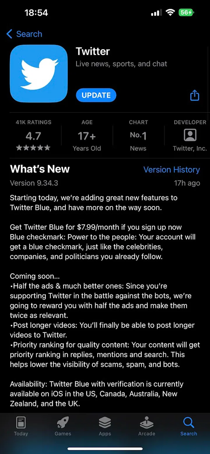 6 Nov 2022 screenshot of Twitter's download page inside Apple's App Store (Singapore).