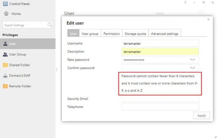 Users need to set a new account and password on setup. Image courtesy of Terramaster.