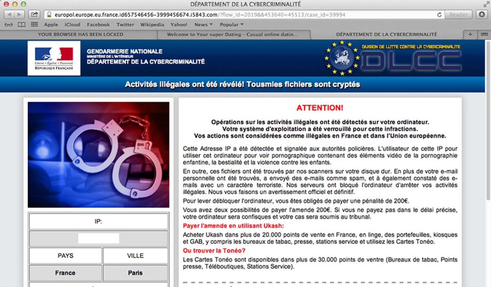 Reveton ransomware, impersonating Gendarmerie Nationale.