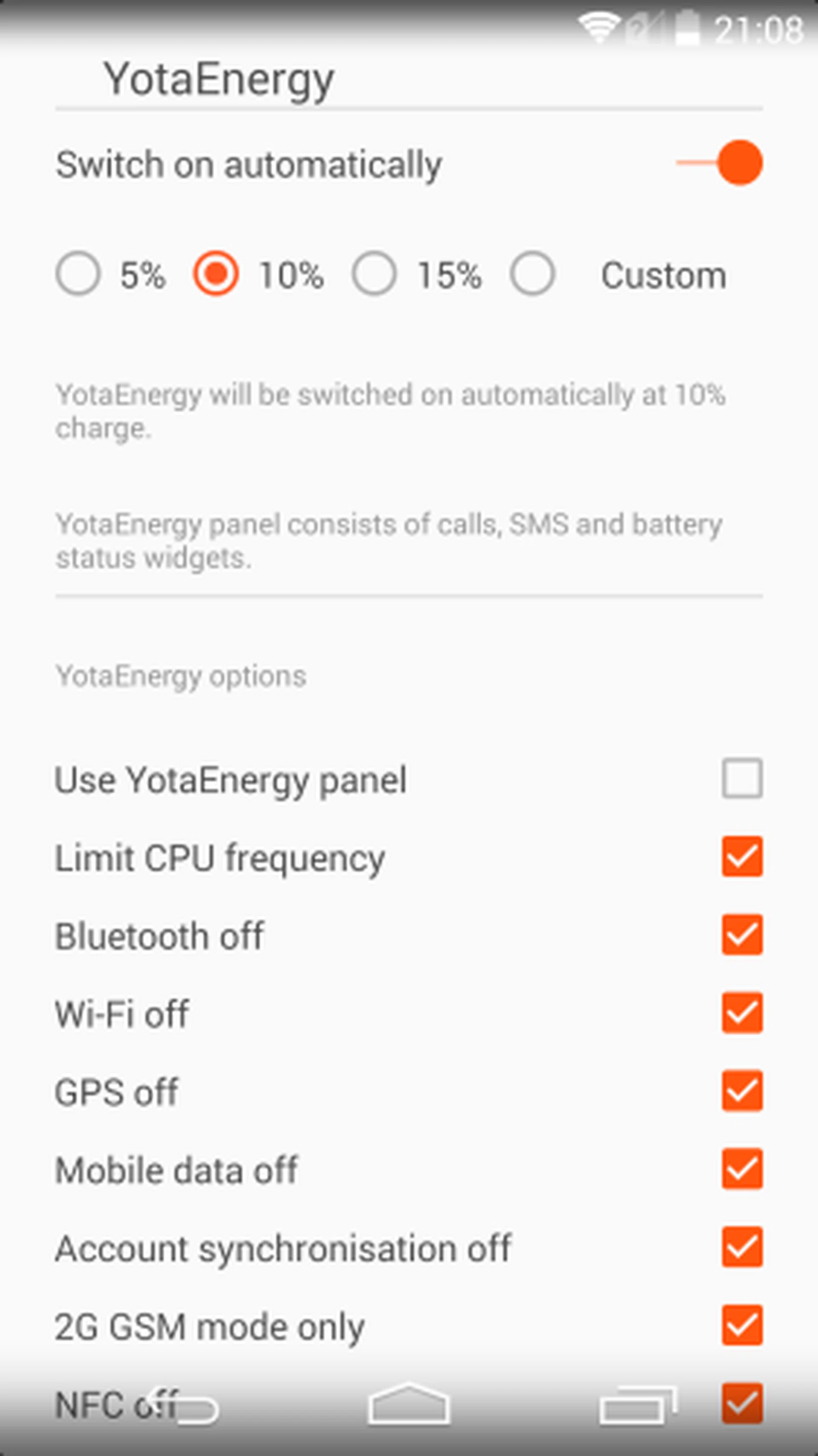 YotaEnergy helps you maximize battery life of your YotaPhone 2 through a series of measures seen in this screenshot.