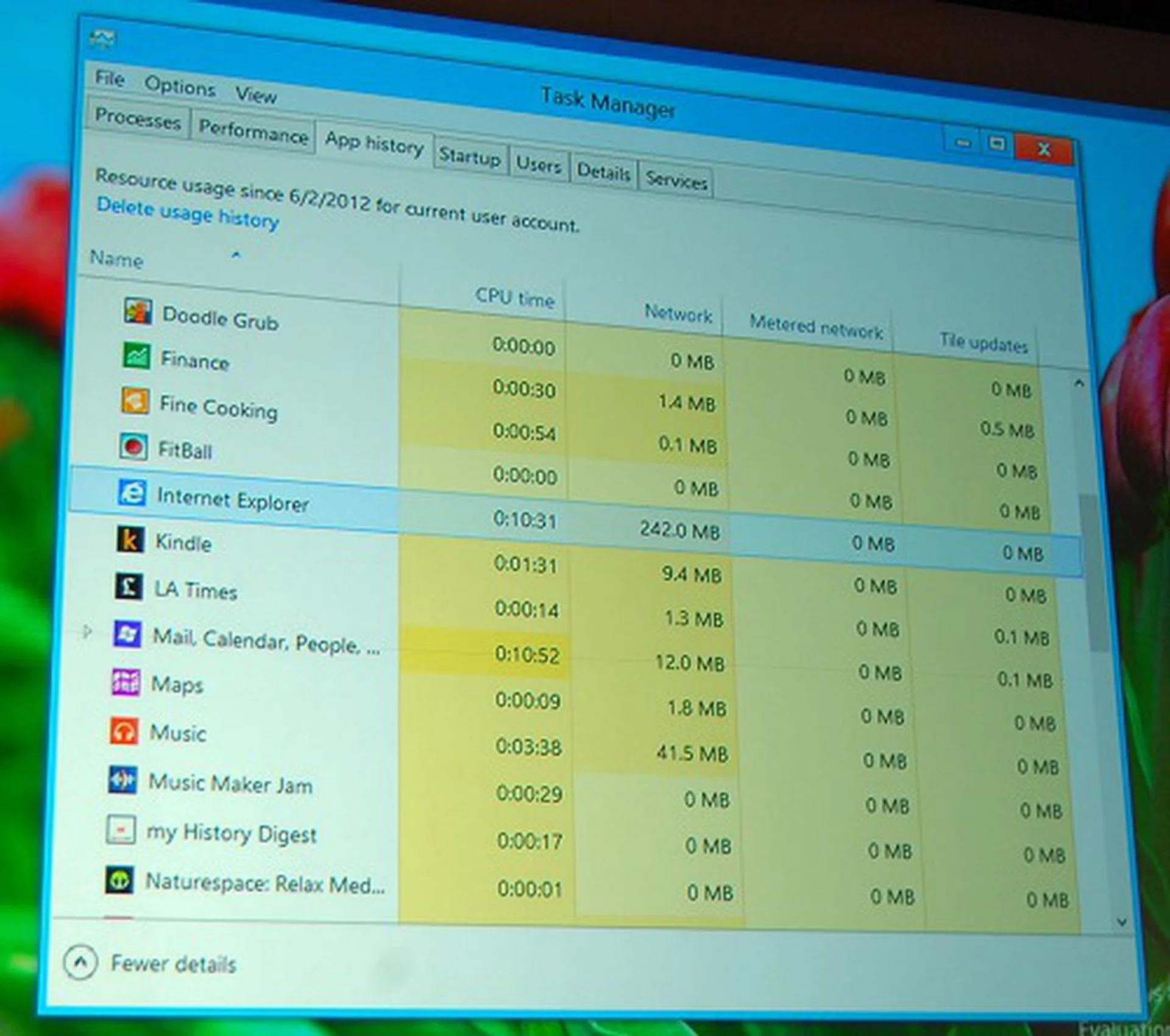 The App History tab gives you a broader overview on how much resources certain apps been consuming over time. Take for example the Network column - the amount of data transferred over time can be critical for you to understand which of the apps have been transferring more data than others. If perhaps you’re on the move and using a mobile data plan, this information is handy to changing your consumption patterns if possible or upgrading to a better plan.