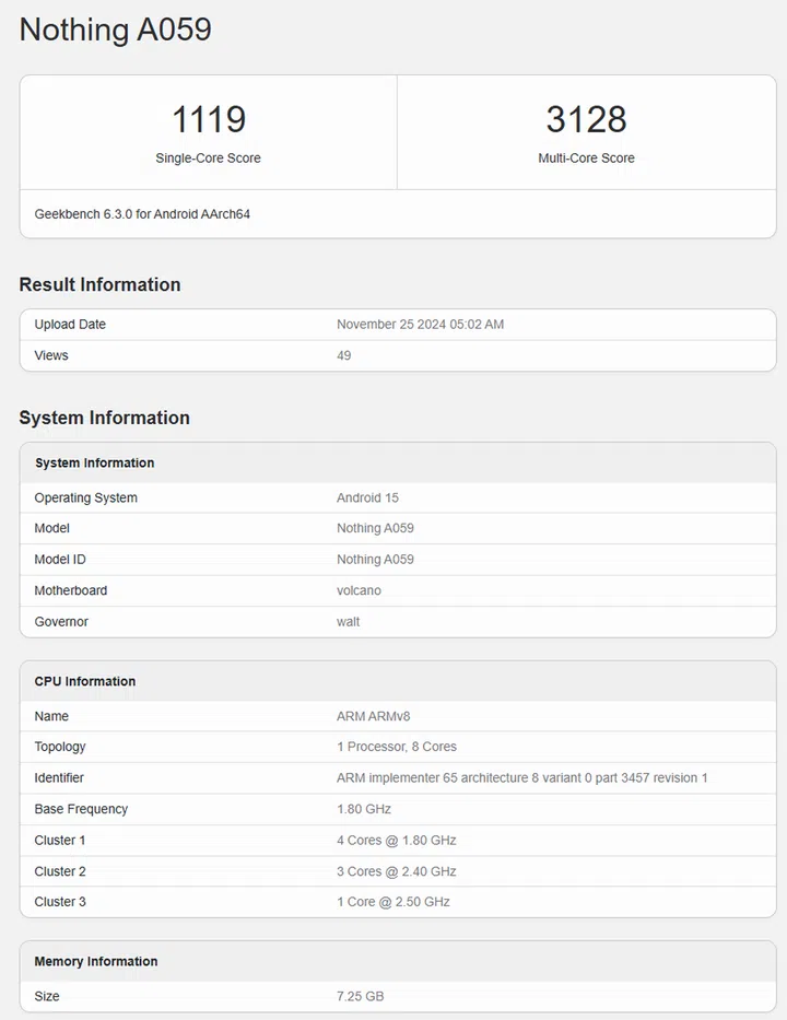 The 25 November 2024 Geekbench score for the Nothing A059 has a slightly higher multi-core score for its performance, while its other details remained the same. Screenshot: Geekbench.
