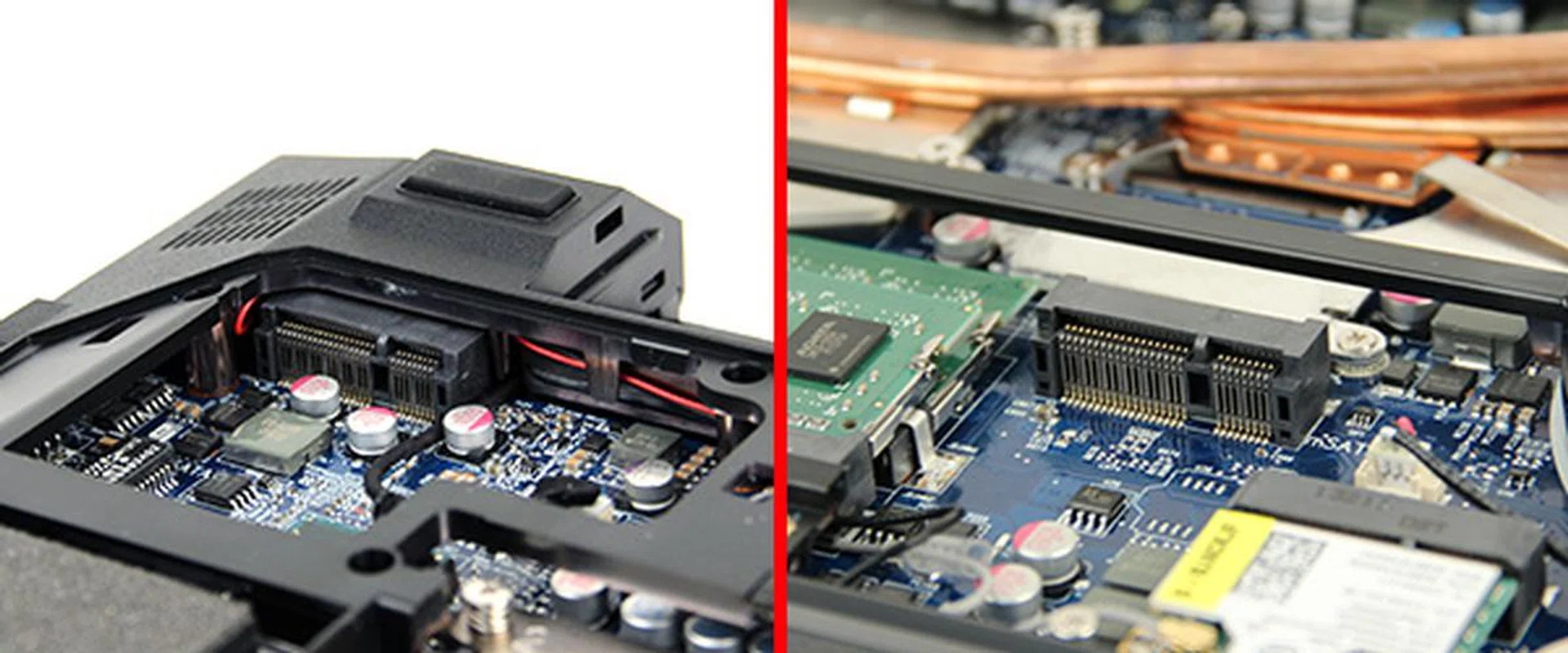 A closer look at the two mSATA bays. Our ideal setup would be to install two mSATA SSD drives and keep the 2.5-inch drive bay for a hard disk drive.