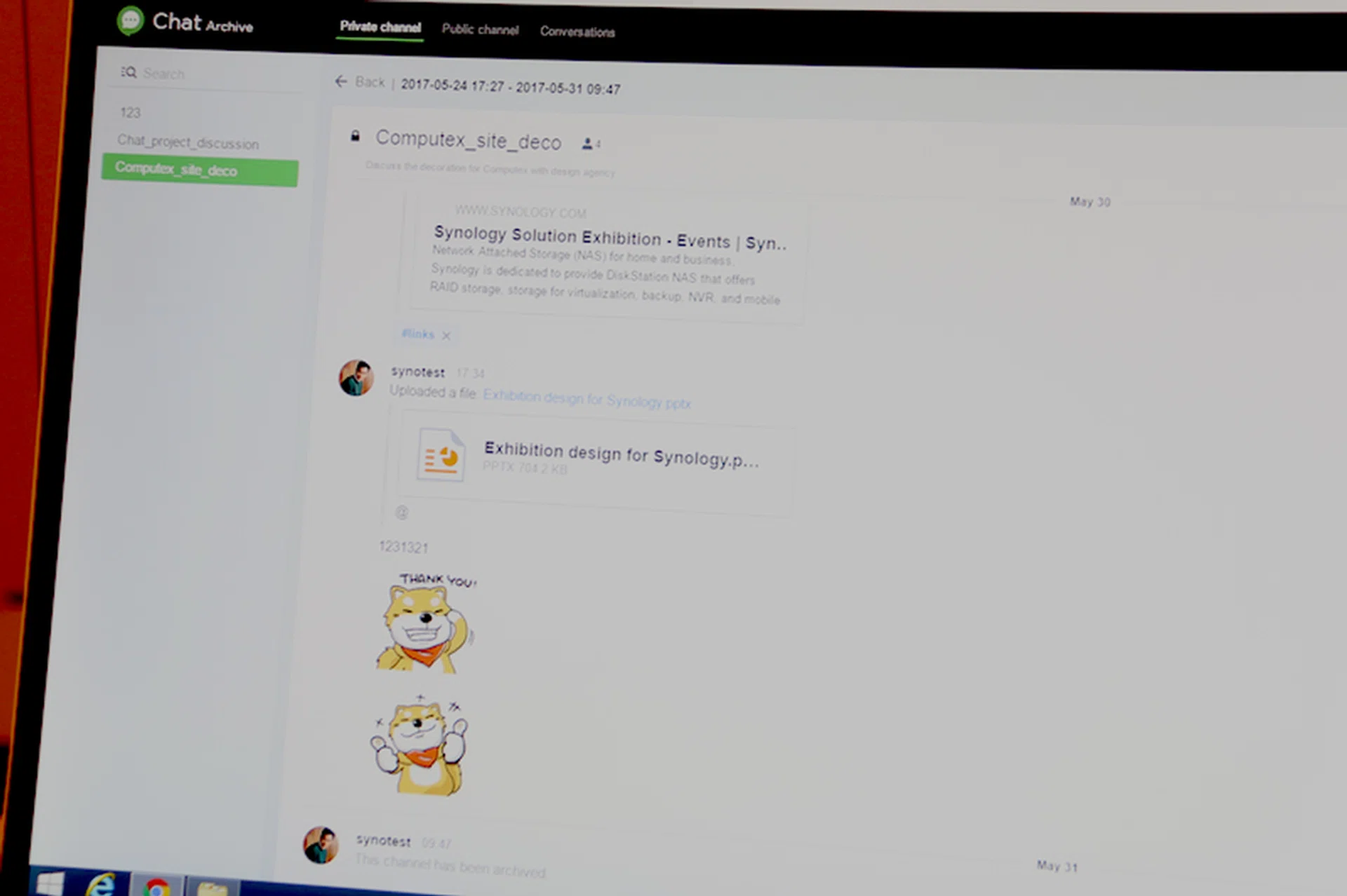Conversation channels can be archived, complete with file attachments and sticker responses, for future reference.