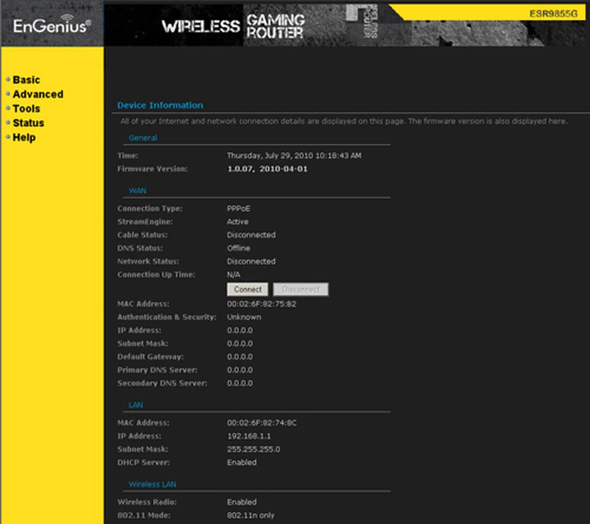 EnGenius' web interface is mostly text-based. However, it offers detailed status information you don't usually see on conventional routers. You'll find the clients' IP and MAC addresses listed further down the page.