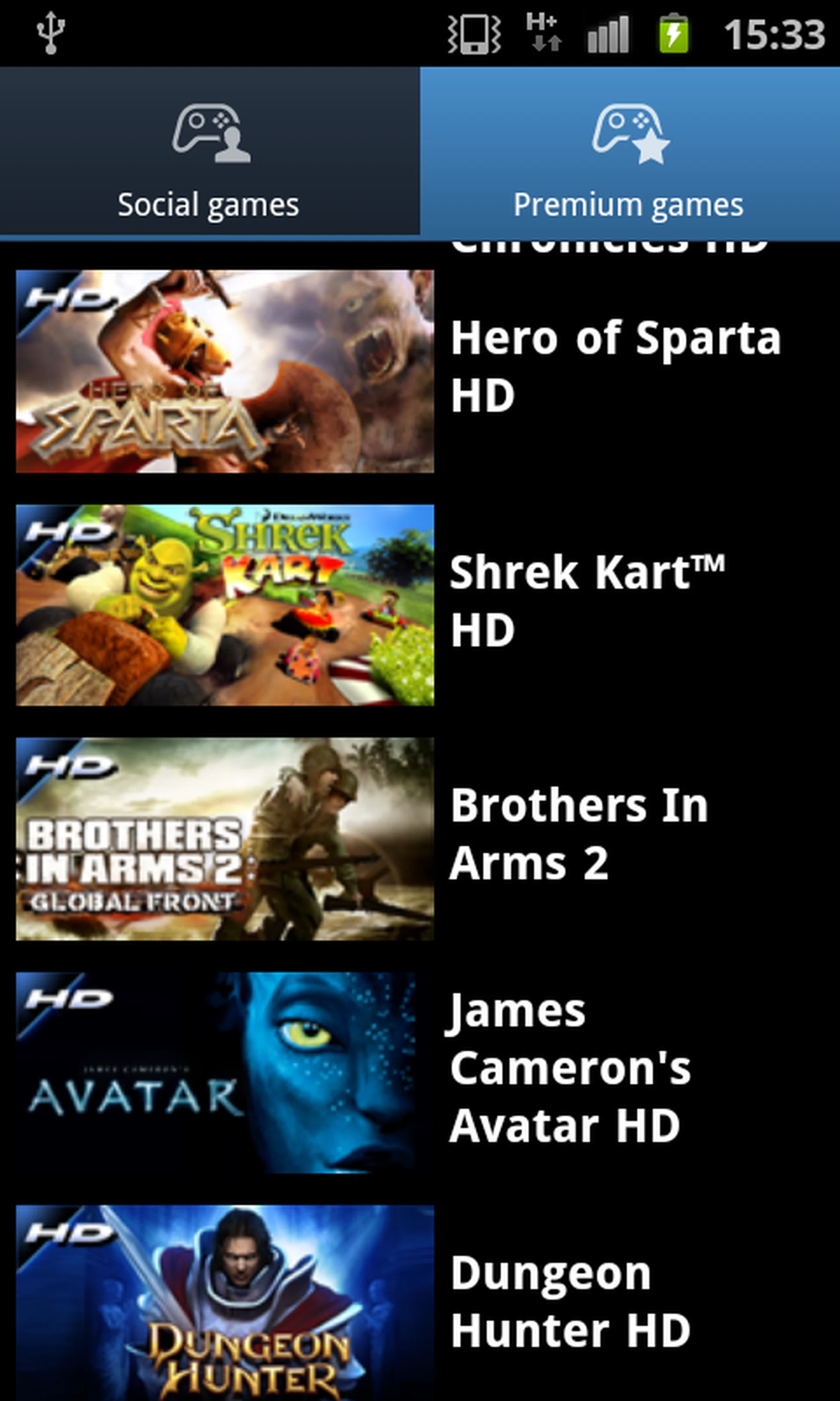 In the Game Hub, you will get titles that are categorized into Social games and Premium Games. Clicking on the latter will bring up a list of Gameloft games, which is a nice addition since they are not listed on the Android Market. You can try these games before buying them, just like how it is on the Xbox Live Hub on Windows Phone 7.