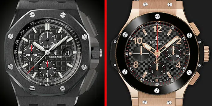 The Audemars Piguet Royal Oak Offshore Chornograph on the left and the Hublot Big Bang Gold Ceramic on the right.