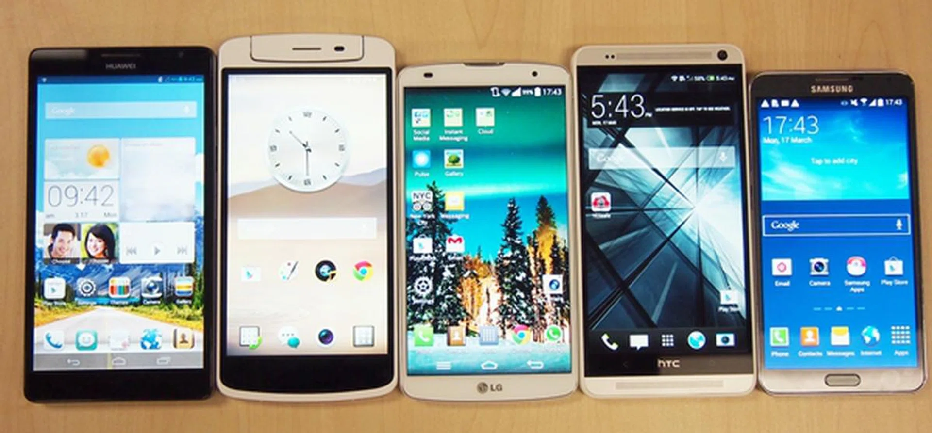 From left to right: Huawei Ascend Mate, Oppo N1, LG G Pro 2, HTC One Max, Samsung Galaxy Note 3.