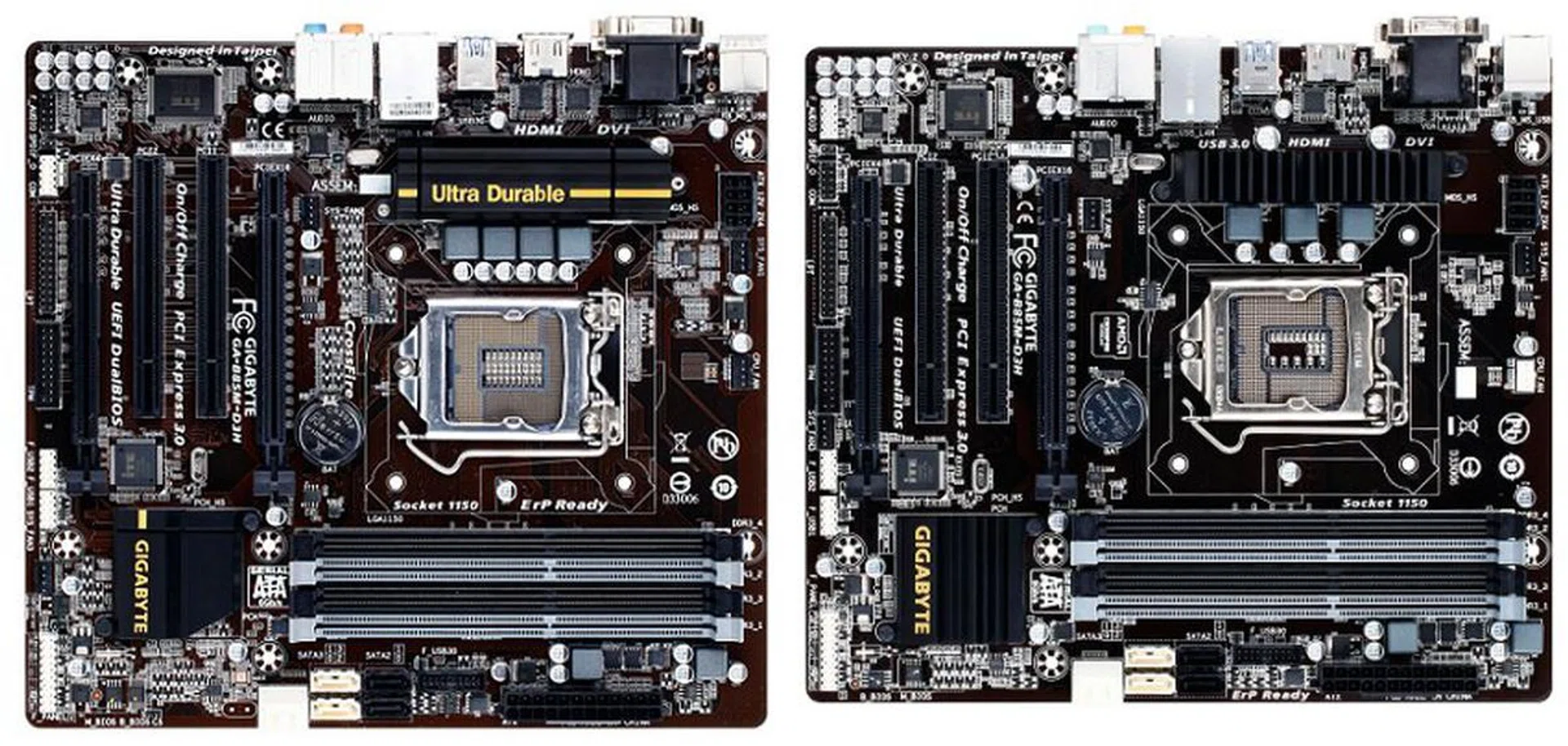 Gigabyte's GA-B85M-D3H revisions compared - Revision 1.0 (left) vs. Revision 2.0 (right).