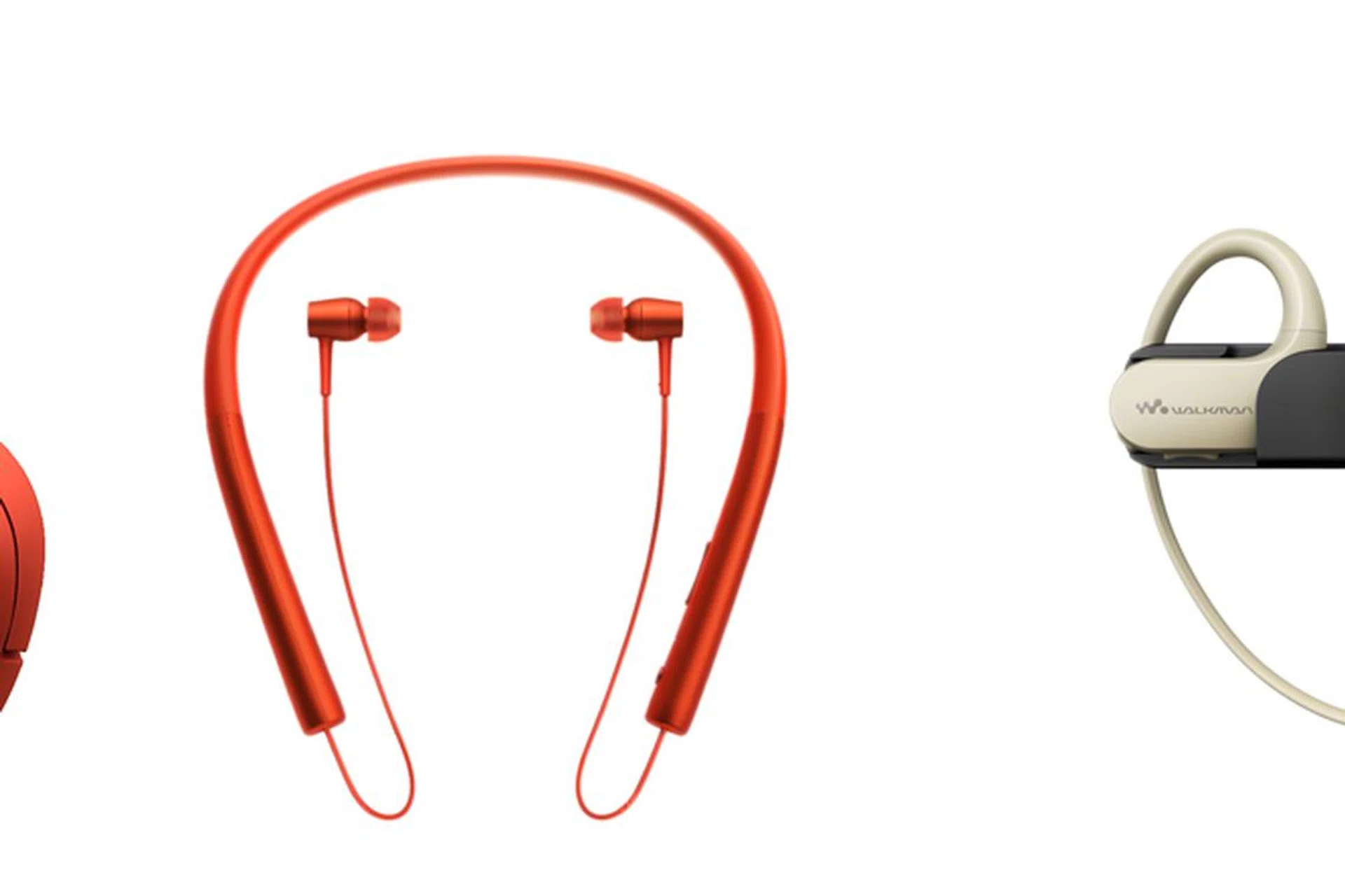 From left to right, Sony's wireless h.ear on MDR-100ABN, and wireless h.ear in MDR-EX750BT, and Sony Walkman WS410 series wearable player.