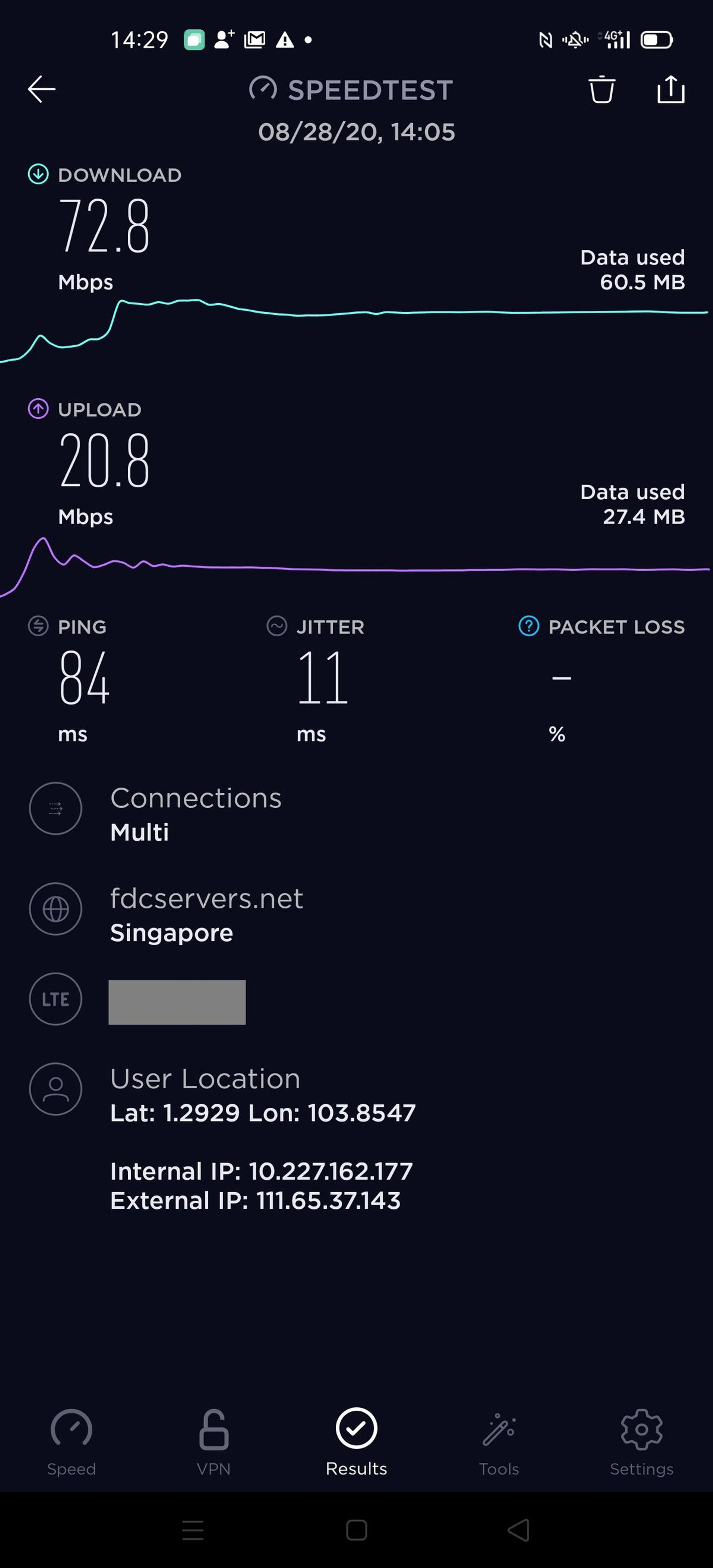 Competing 4G network, Test 1.