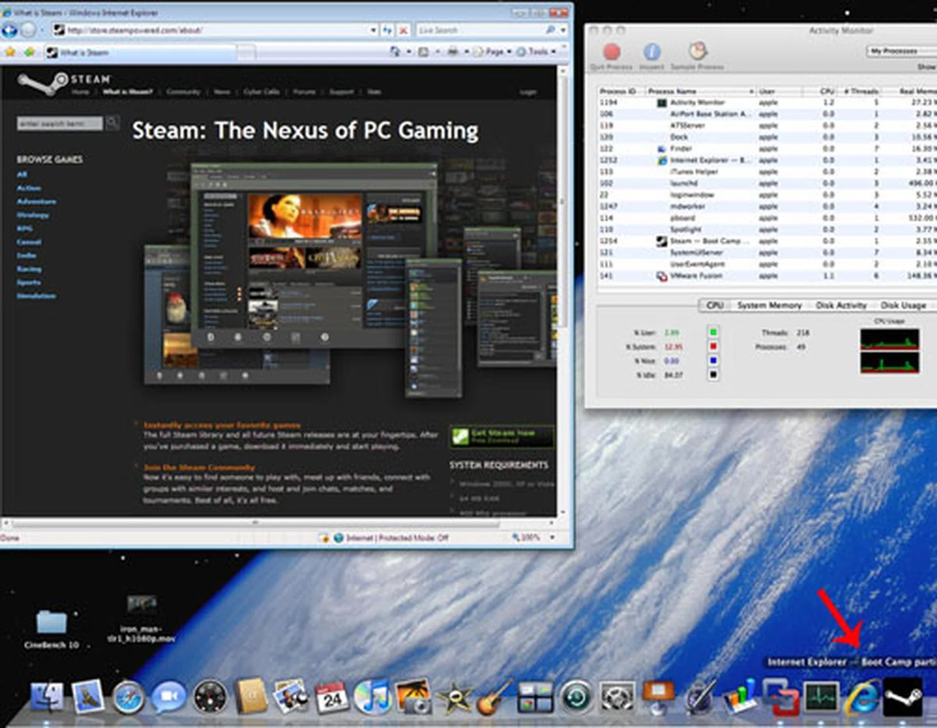In Unity mode, the IE icon on the lower right is integrated with the Dock. Not all icons fare well in this transition. The Windows Explorer looks low-res and blurred compared to the other Mac icons. Other thing to note is that Mac OS X's Activity Monitor showed the relatively low CPU utilization with Fusion running. Only around 15% CPU utilization for the entire system, Fusion and other Mac OS X background services in total. Click to enlarge.