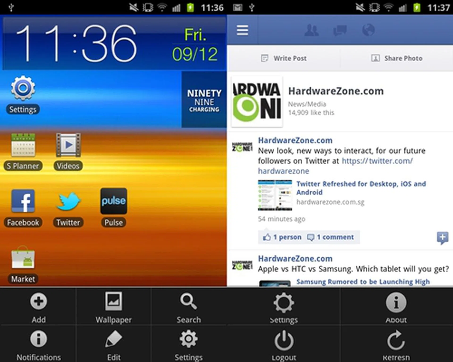 Press the Pen button and scroll up to activate the menu setting of an app or home screen panel.