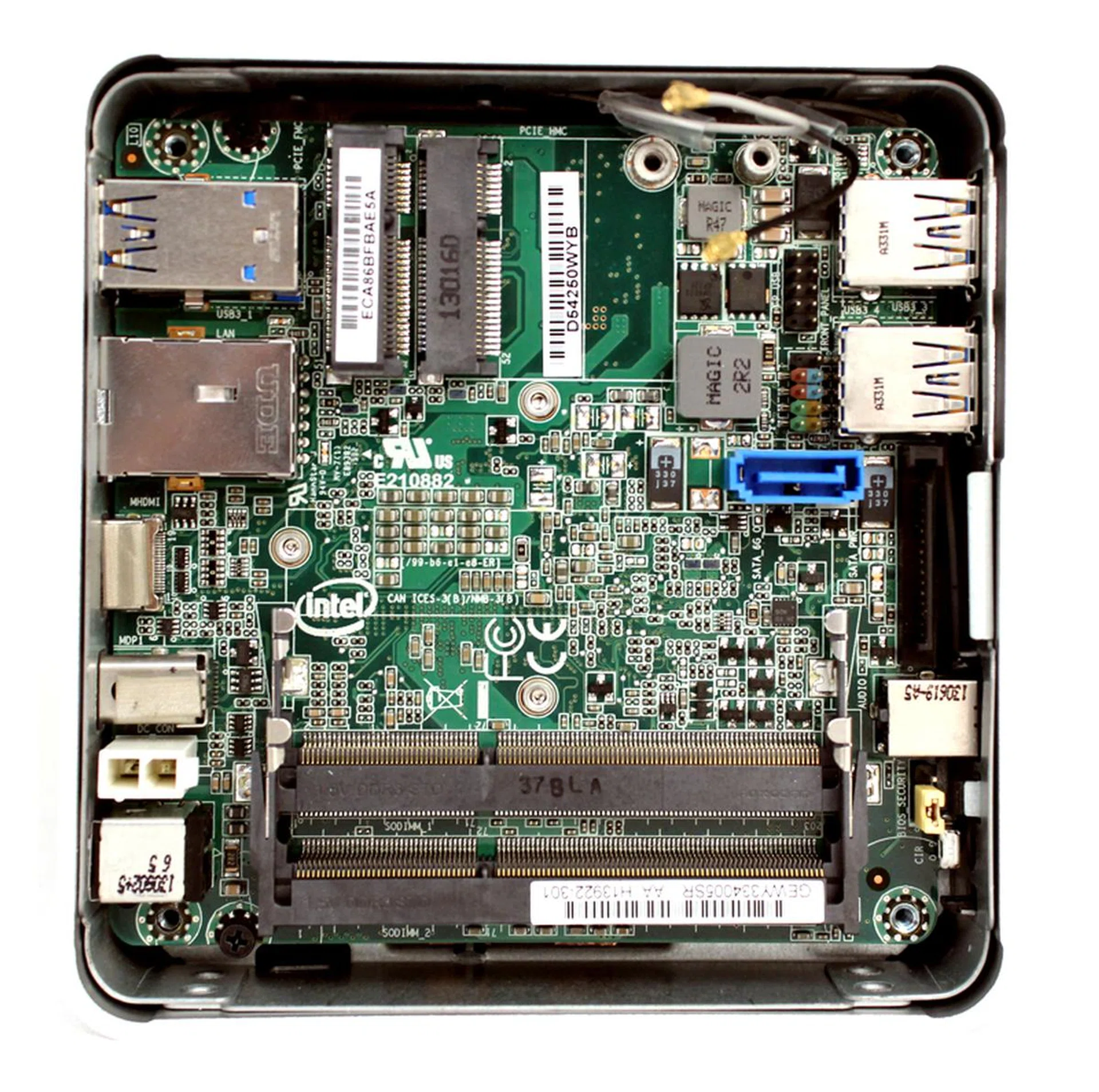 The new motherboard includes an internal 6.0Gbps SATA connector. Useful if you need to connect a 2.5-inch HDD or SATA optical drive temporarily (otherwise, you'll probably have to keep the NUC kit open as there's no space to integrate either component within the housing).