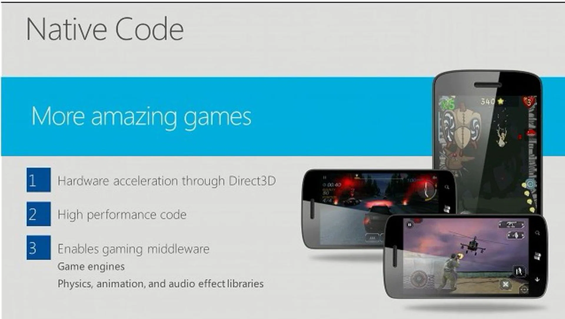 Yet more reasons why native code support rocks, this allows larger and more complex games to be developed thanks to using established game engines used for desktop gaming.To speed things up, even gaming  middleware and effect libraries from Havok, Audiokinetic and Autodesk can be tapped upon.